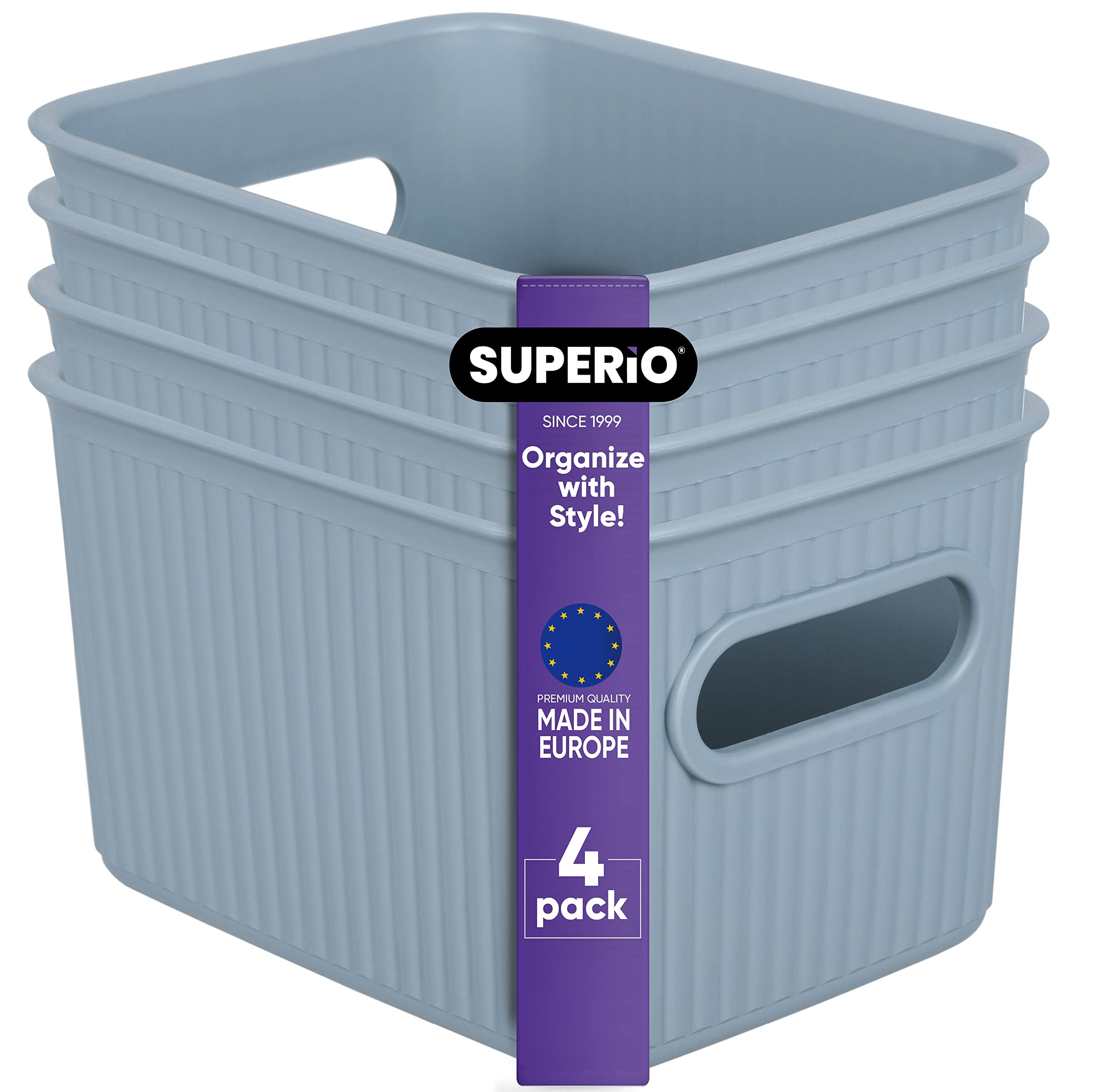 Superio Ribbed Collection - Decorative Plastic Basket Open Home Storage Bins Organizer, Small Blue (4 Pack) Container Boxes for Organizing Closet Storage Bins for Shelves Drawer Shelf 1.5 Liter