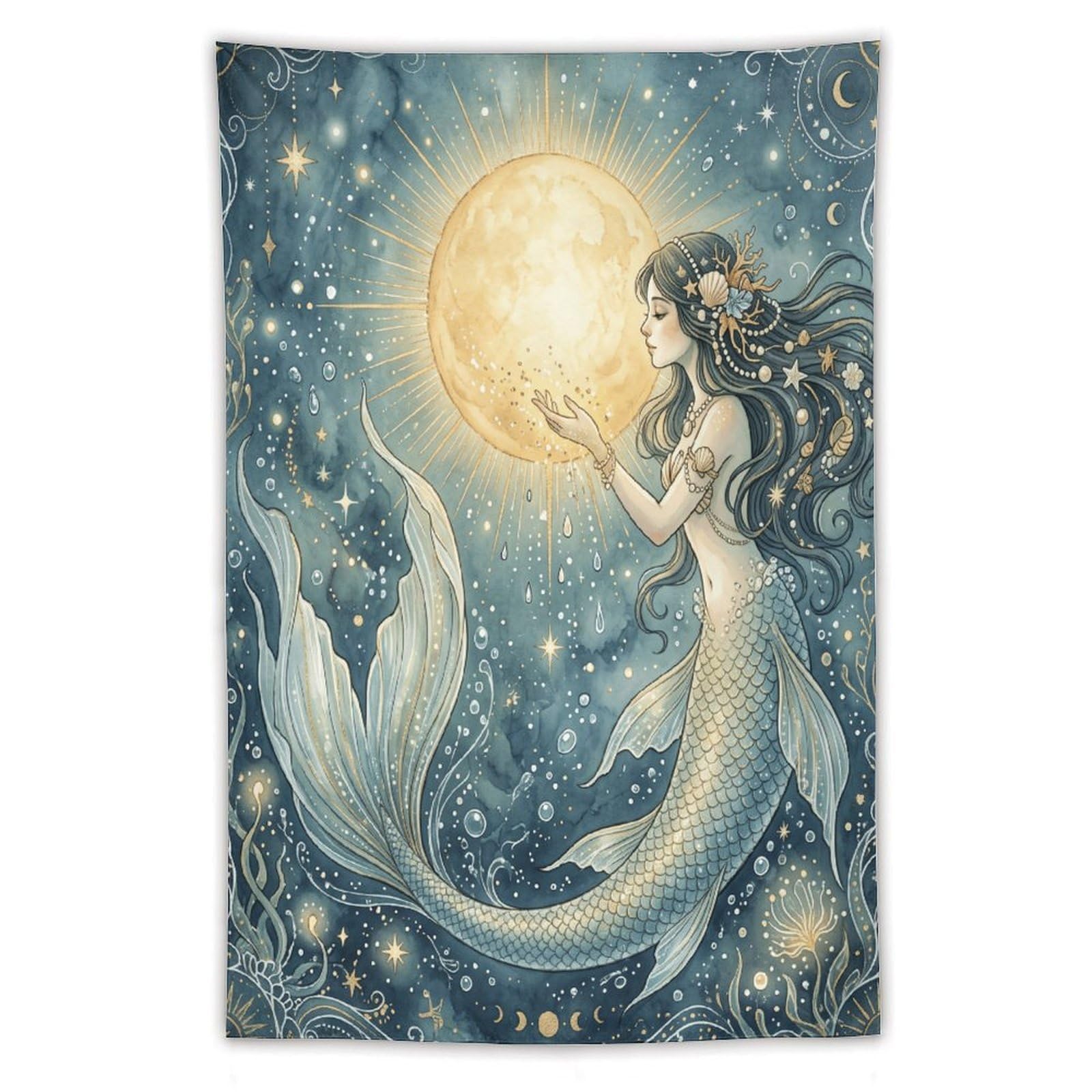 H3B8U2Y5 Moon Mermaid Celestial Wall Tapestry, Surrealist Style, Office