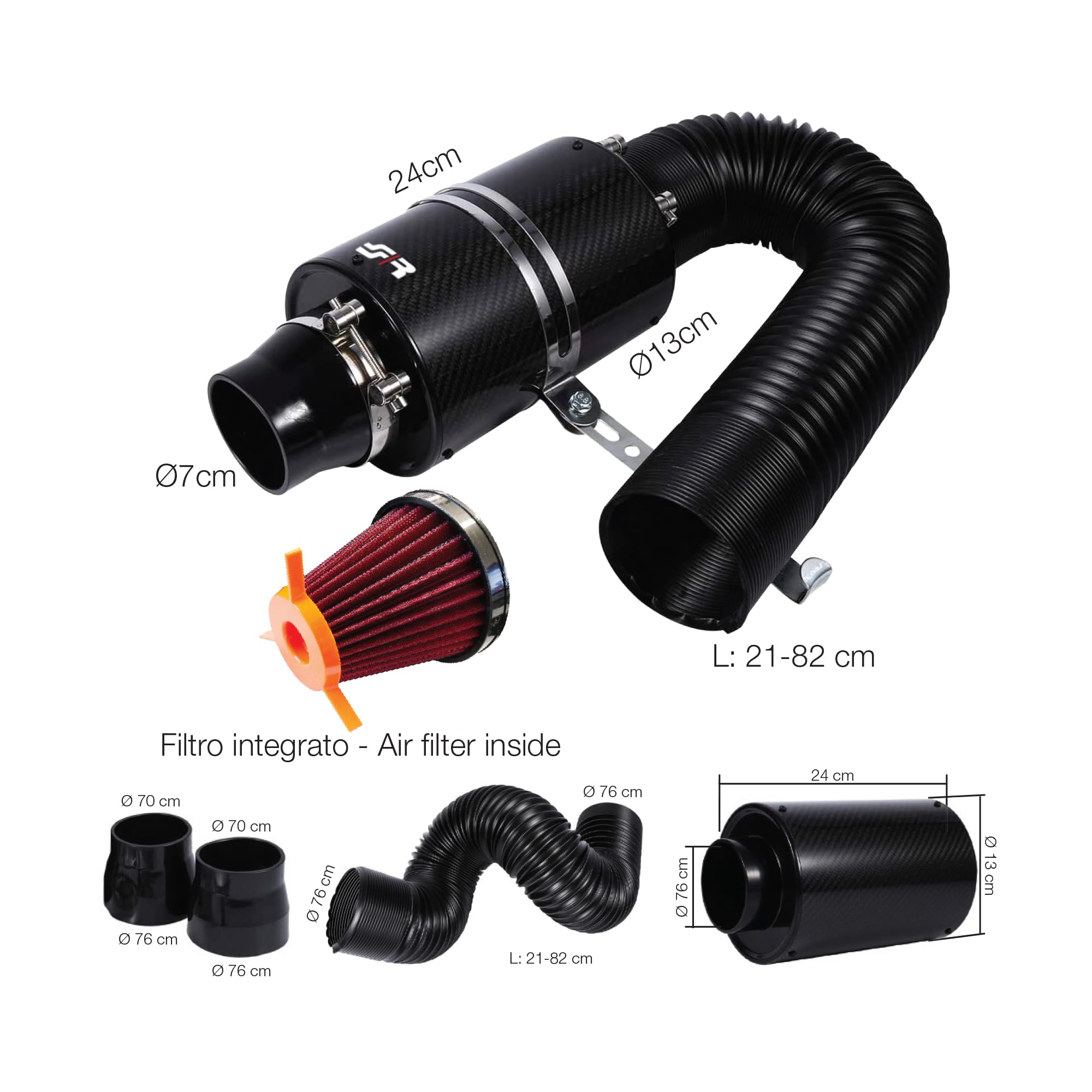 SIMONI RACING AB1 Airbox in Carbonio con Filtro a cono diametro tubo snodato da 76mm regolabile da 21cm a 82cm