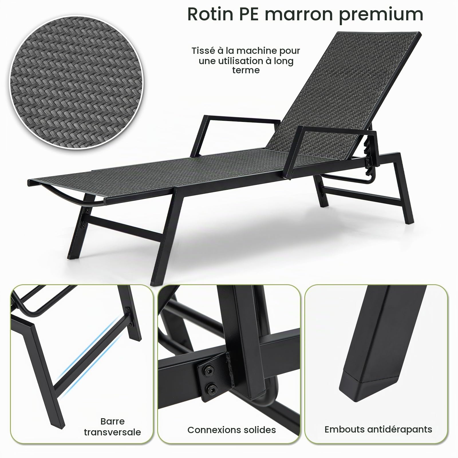LIFEZEAL Transat Jardin Extérieur avec Dossier Inclinable en 5 Positions, Chaise Longue en Rotin PE avec Accoudoirs, Bain de Soleil pour Plage, Piscine, Terrasse, Balcon, Charge 150 kg (Noir)