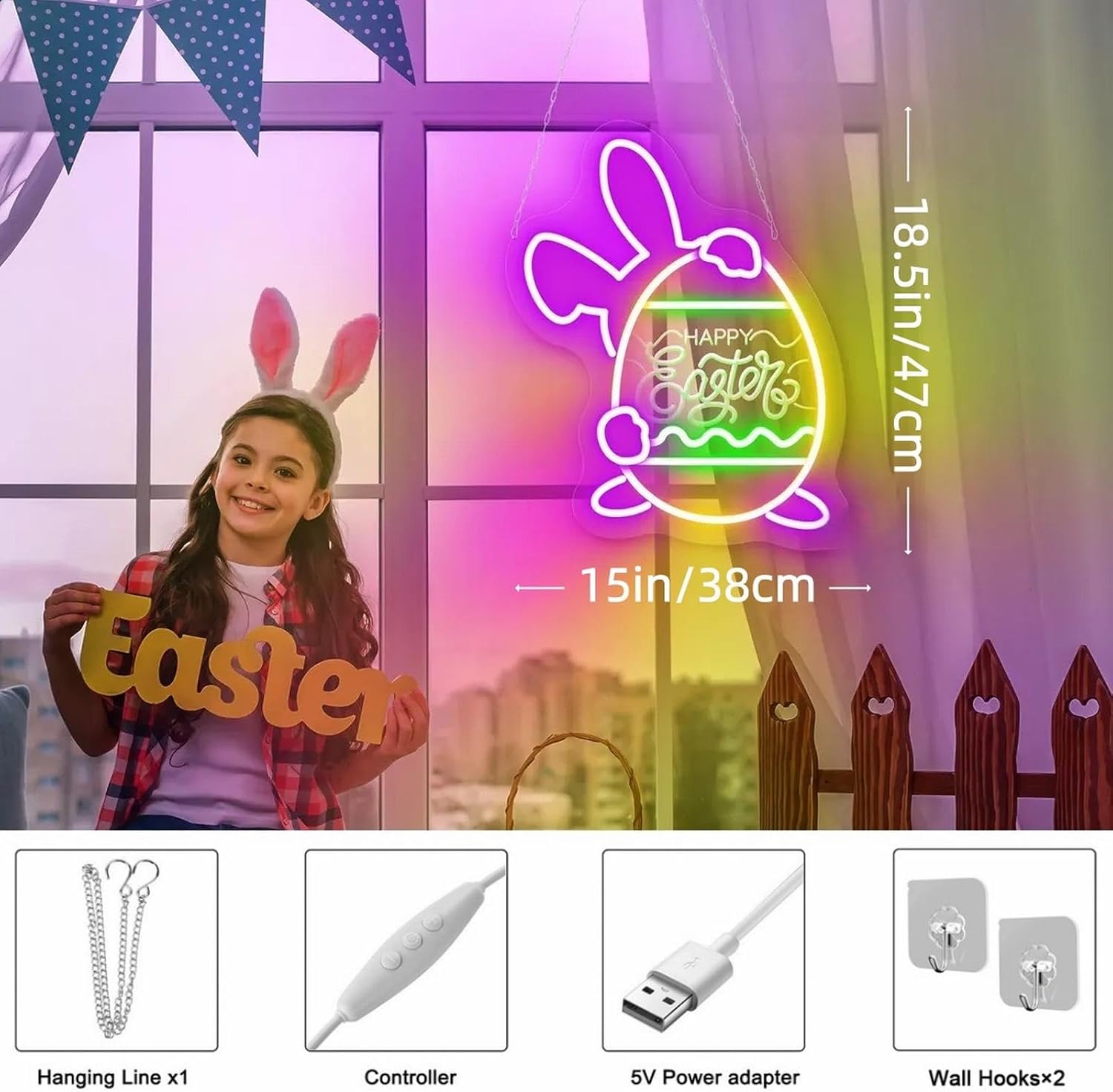 Easter Bunny Neon Sign - Dimmable, Customizable Colors, Neon Sign for Wall Decor, Perfect for Home Easter Displays, Kids’ Bedrooms, Store Window Setups, Great Gift for Playful Style Enthusiasts image 3