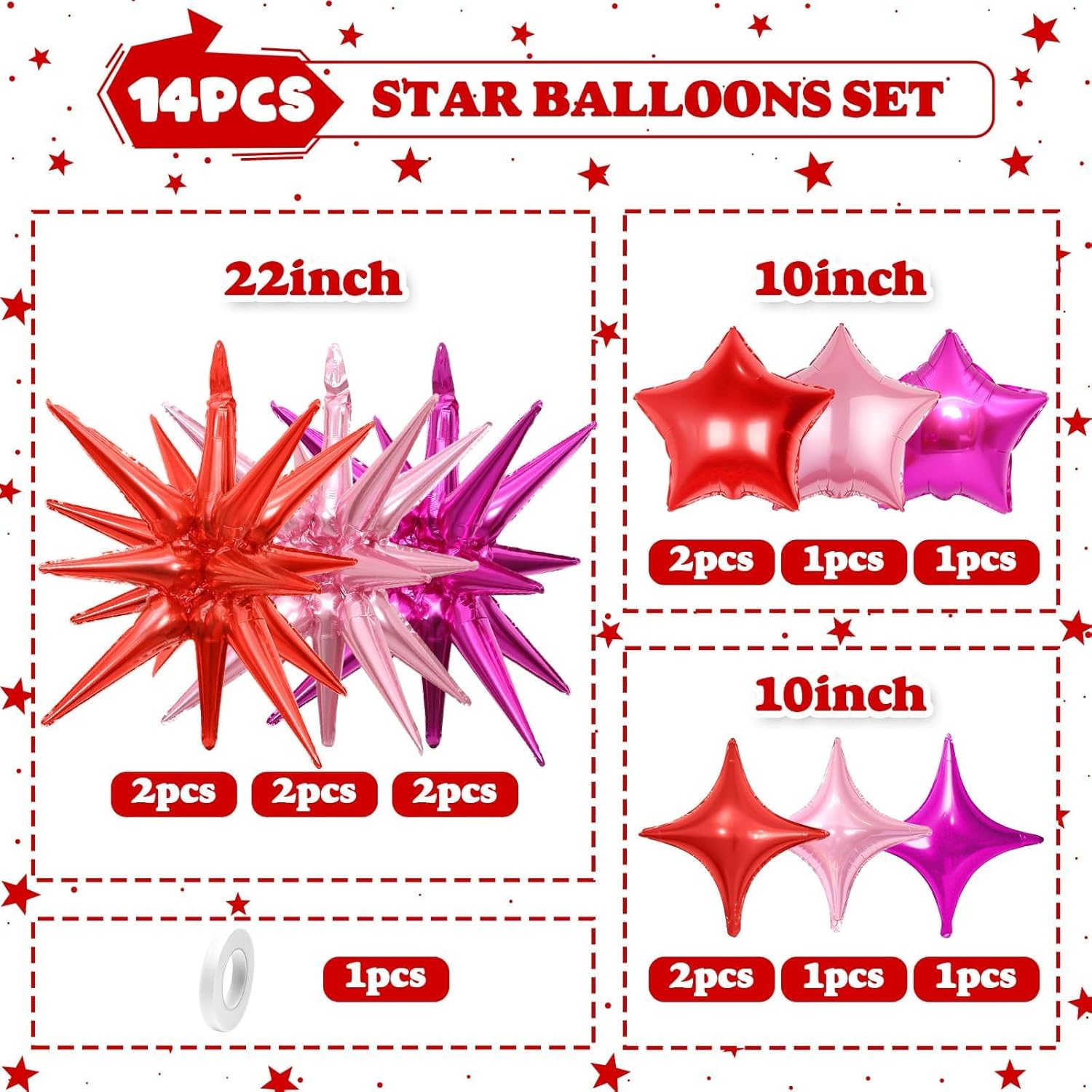 14pcs Hot Pink Red Star Balloons, Mixed Star Foil Balloon,22Inch Explosion Stars Balloons with 10Inch Stars Shaped Balloon,for Birthday Bridal Shower Anniversary Wedding Bachelorette Party Decorations - Image 2