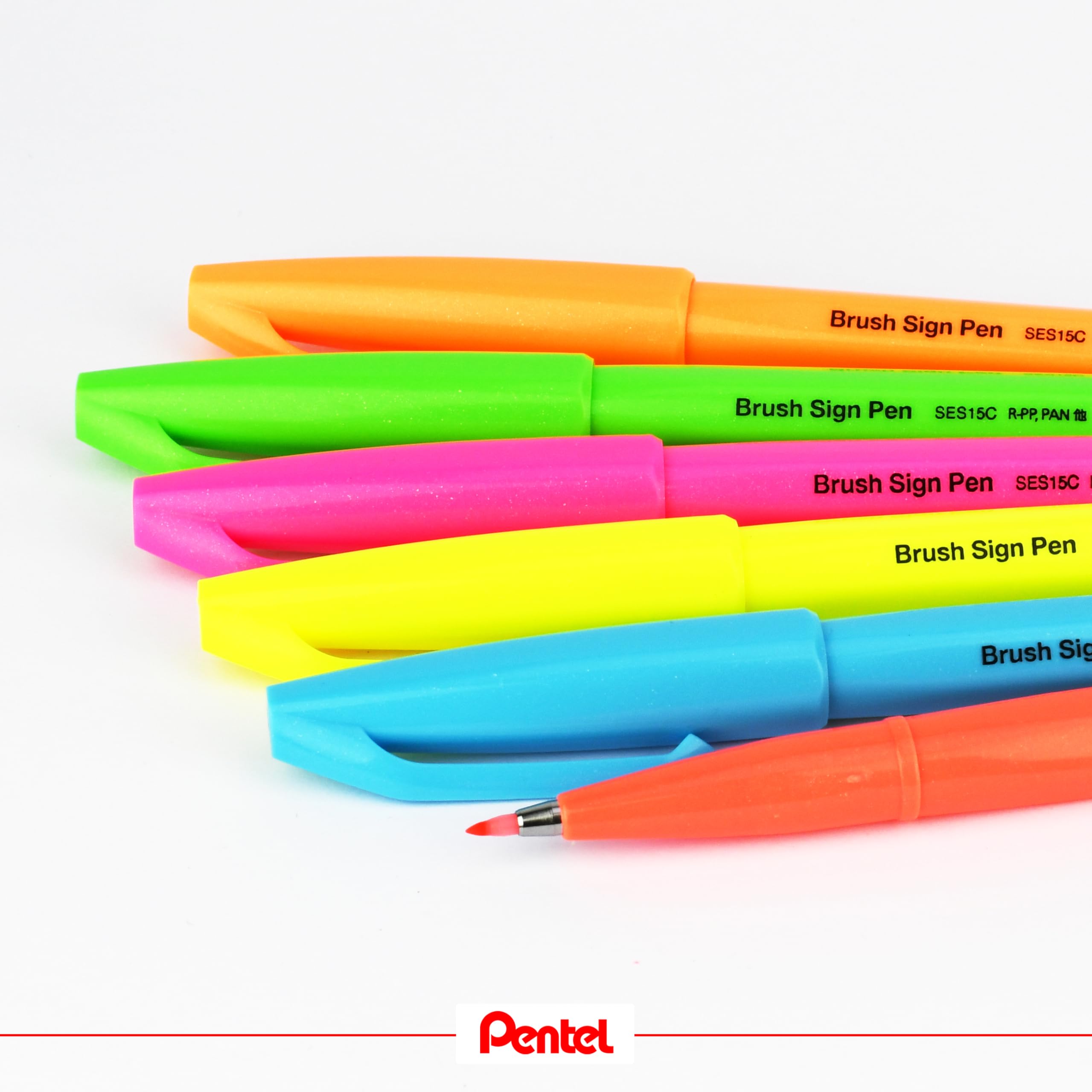 Pentel SES15C-FKX Brush Sign Pen neonowo-zielony, długopis z włókien, końcówka przypominająca pędzel, 10 sztuk