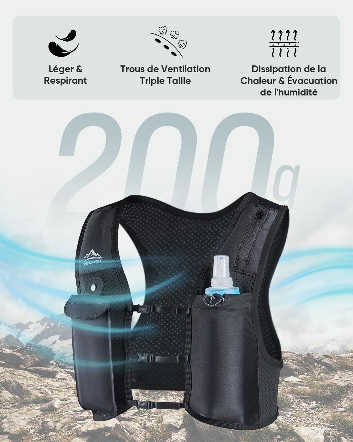 Zelvot Gilet Hydratation Running Femme et Homme, Brevet Original, Bretelles de Poitrine Réglables, Gilet Running avec Bouteille d'eau de 500 ML, Léger et Réfléchissant Gilet de Course