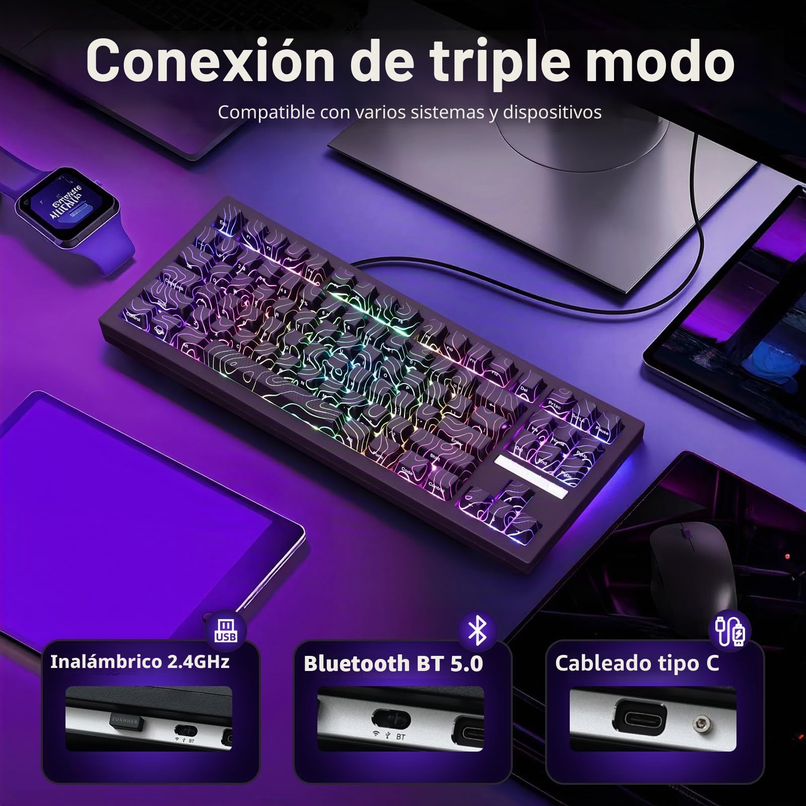ZORNHER ZH870 Teclado para gaming inalámbrico, teclado mecánico 80% inalámbrico, negro con teclas Contour IMD PC, interruptores lineales cremosos, intercambio en caliente, iluminación RGB
