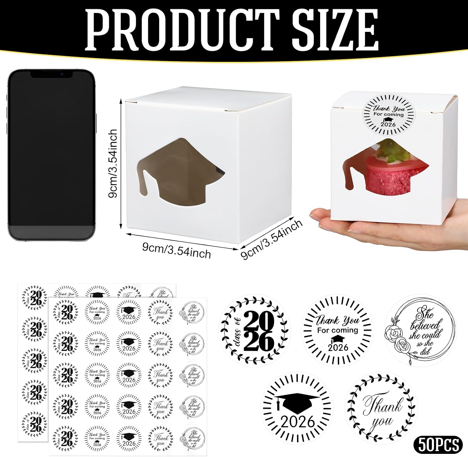 LemonRoad 25 Pcs Graduation Cupcake Boxes Graduation Gift Box Individual Cupcake Container with Stickers Grad Candy Gift Boxes with Window for 2026 College Grad Party Ceremony Bakery Wrapping
