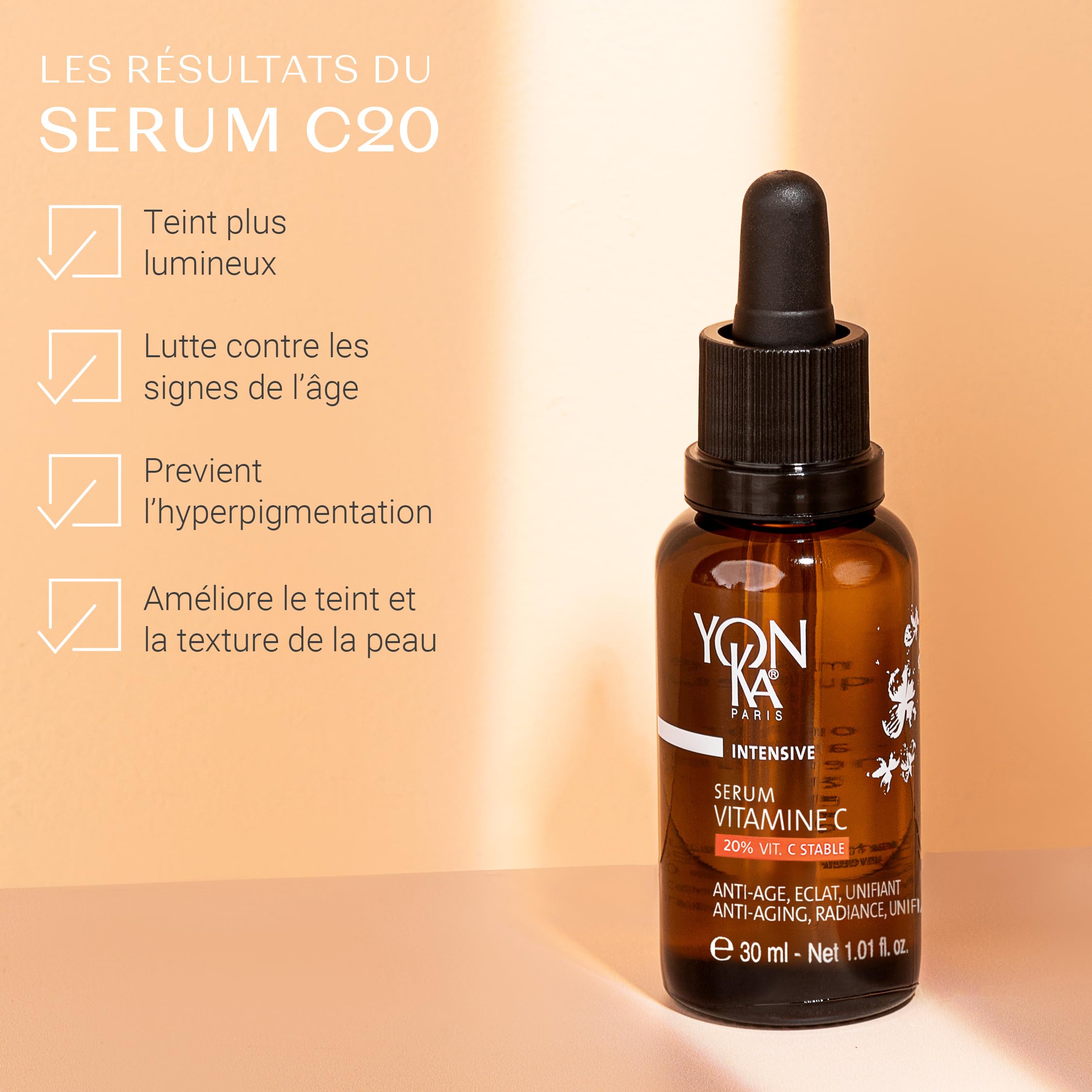 Yonka Sérum Vitamine C 30ml - Texture Huile - Anti-Âge, Éclat et Unifiant Illumine et Réduit les Taches - 20% de Vitamine C Stable - 99,9% d’Ingrédients d’Origine Naturelle