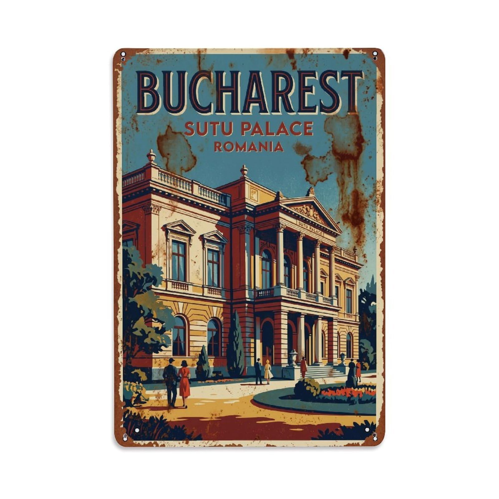 Vintage Travel Bucharest Sutu Palace Museum Romania Metal Tin Sign Plaque Wall Decor for Cafe, Club Bar, Office, Home Garden Metal Poster 8x12Inch