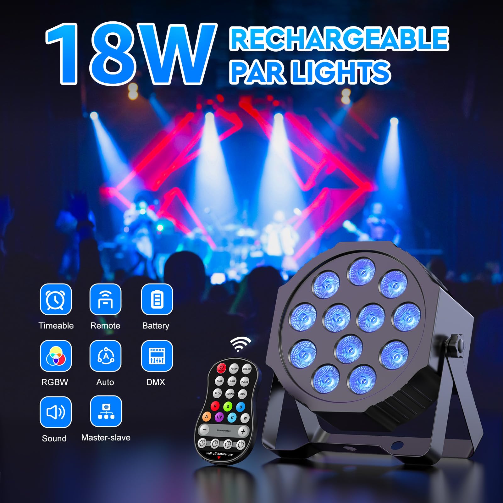 Battery Powered Stage Lights, Rechargeable Par Lights with DMX & Sound Activated, RGBW 4 in 1 LED Uplights for Events Wedding Party Club Concert Indoor 10Packs