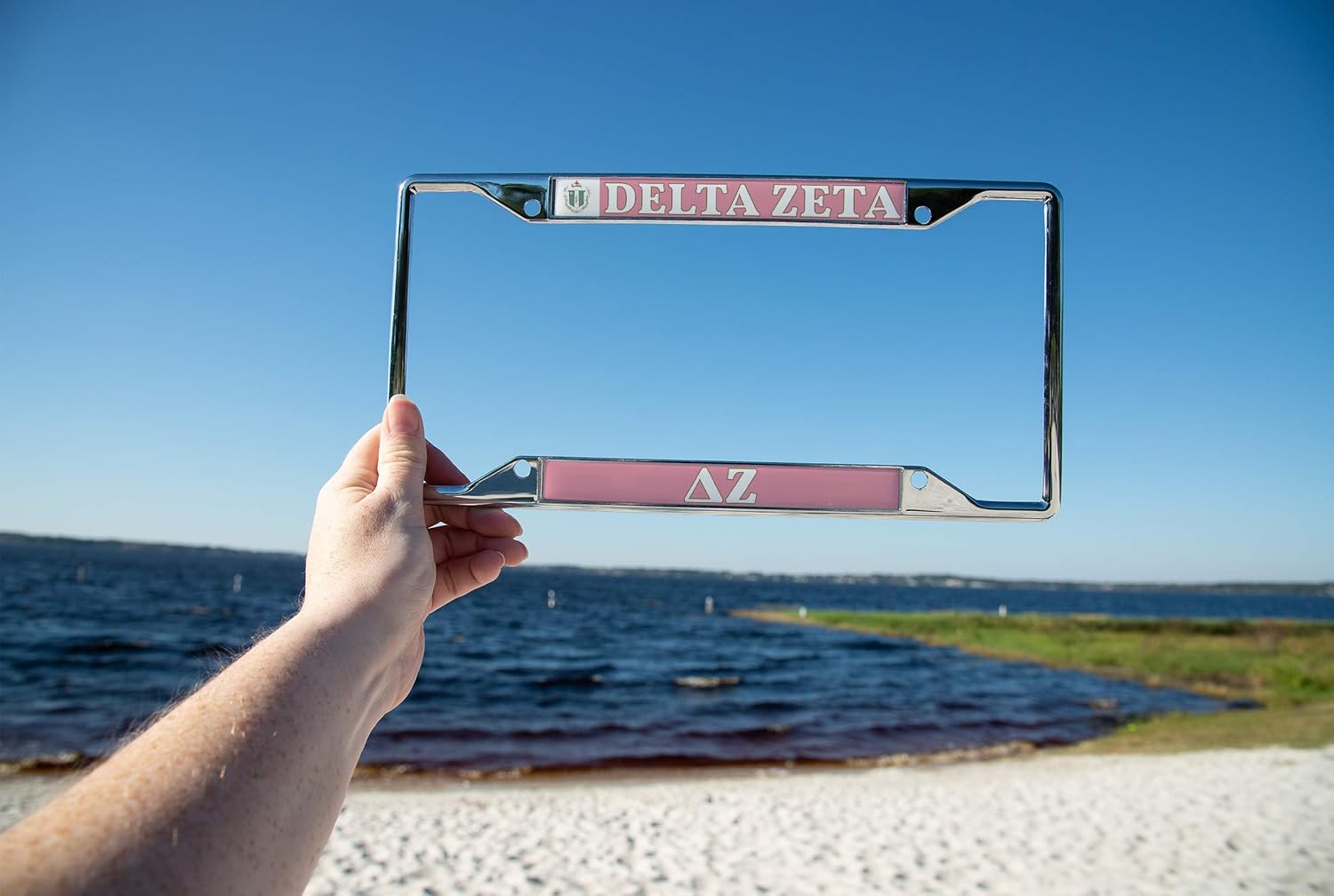Desert Cactus Delta Zeta Car Accessories DeeZee DZ Sorority Metal License Plate Frame and Tag Holder for Front or Rear of Car (Crest LP Frame)