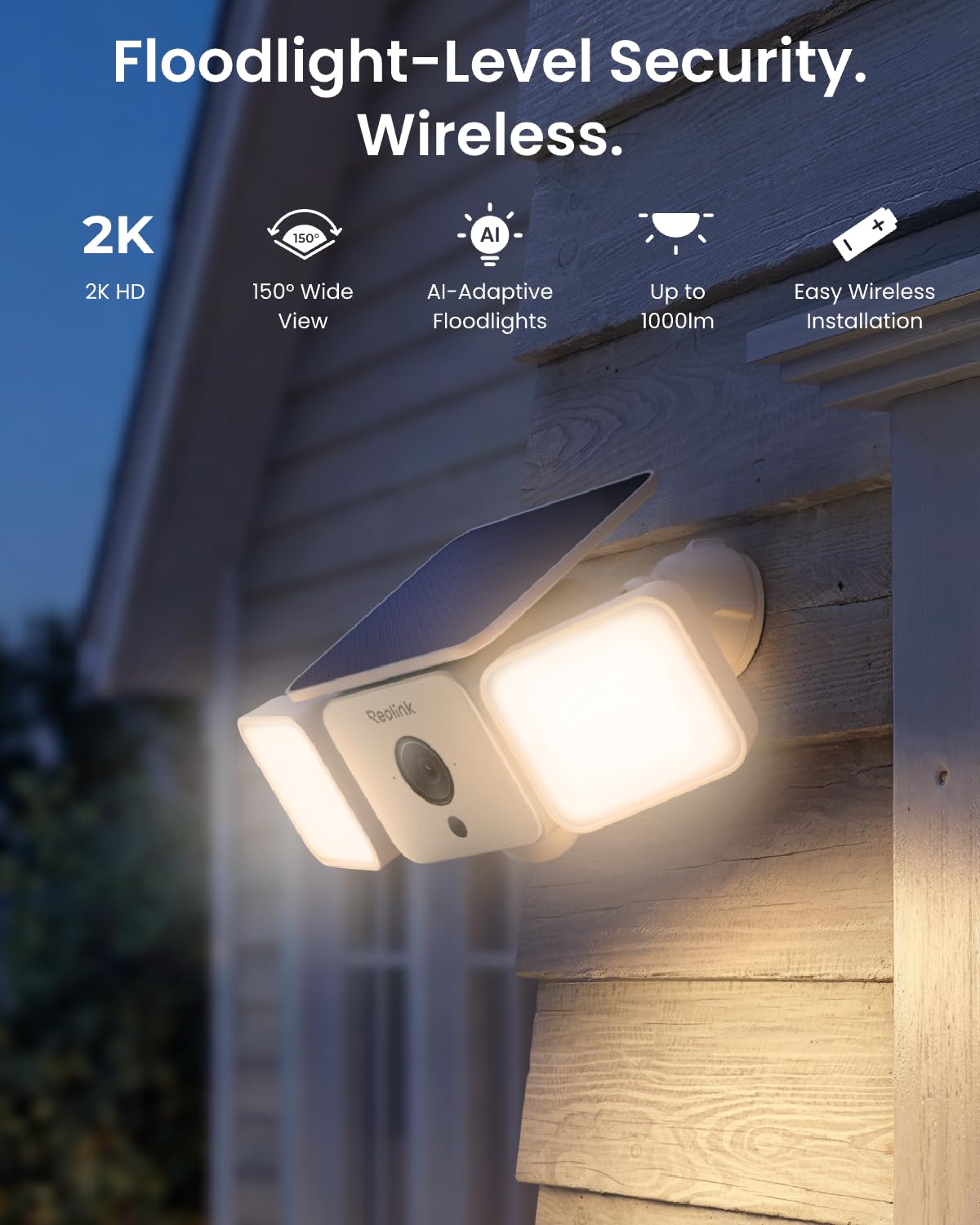 Reolink Solar Floodlight Cam, Bezprzewodowa Zewnętrzna Kamera Monitoringu 2K 150°, Oświetlenie Do 1000 Lm I Alarm Syreną, Reflektor Aktywowany Ruchem AI/PIR, Kolorowy Tryb Nocny, WiFi 6, IP66