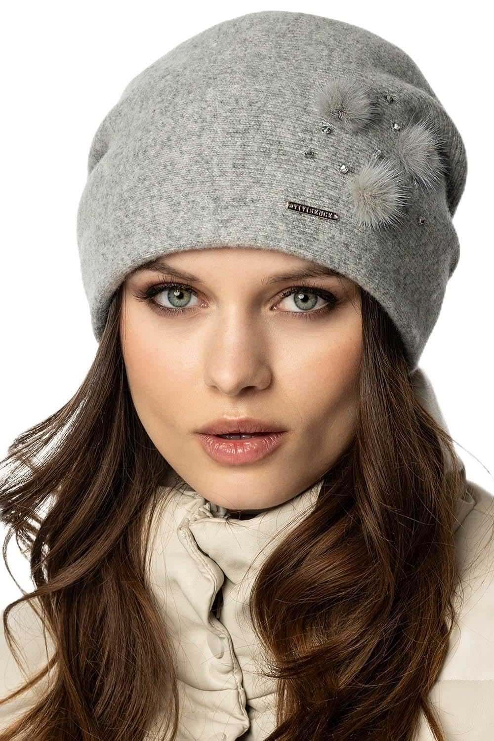 Vivisence Invernale Cappello Elegante da Donna con Fodera Interna Decorato con Tre Pompon in Pelliccia E Zirconi Realizzato in Caldo Filato di Lana Perfettamente Adattabile