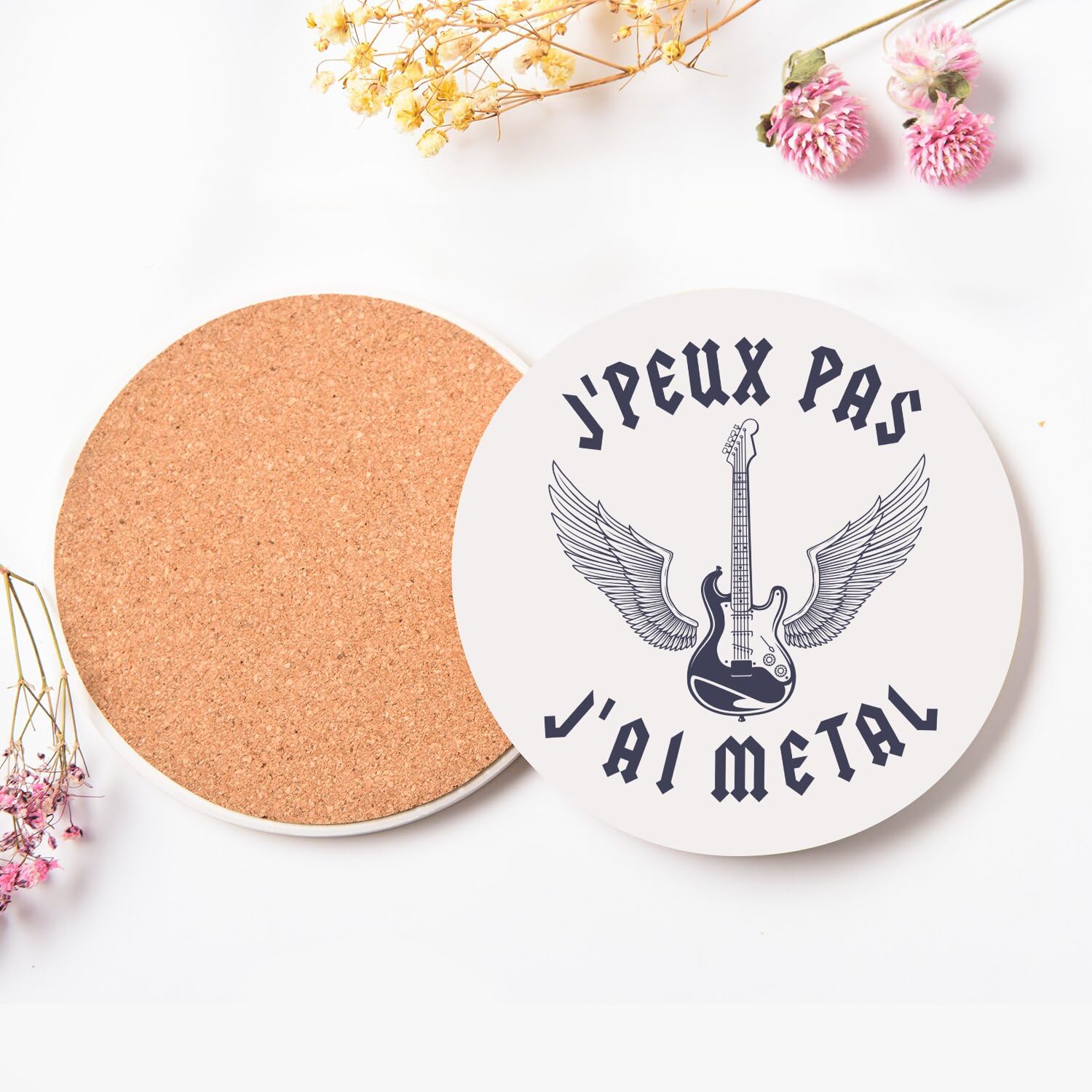 Sottobicchiere rotondo in ceramica – J'Peux Pas J'Ai Metal Hard Rock Chitarra Musica – Set di 6 (108 x 108 mm)
