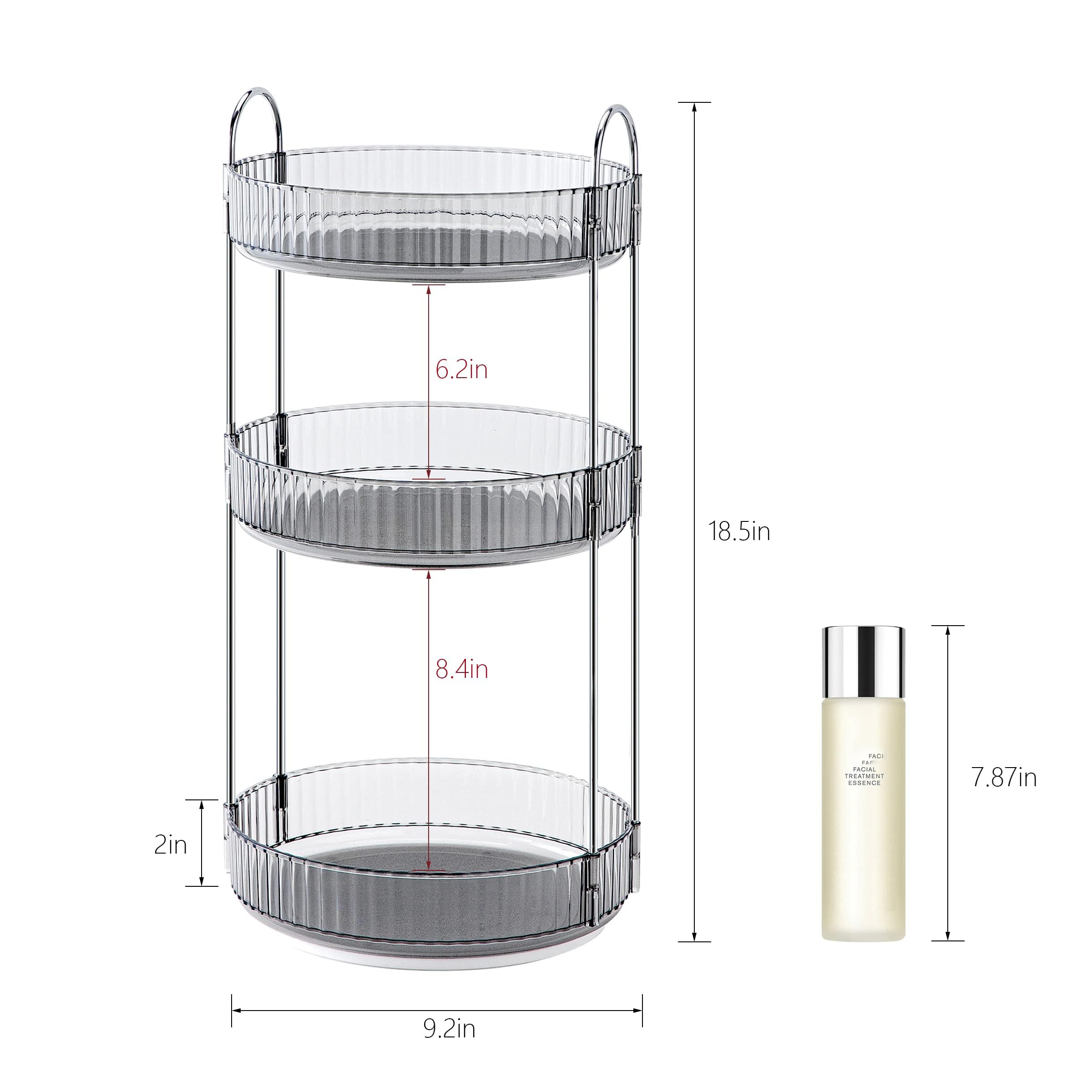 INVSSENE Obrotowy organizer do makijażu o 360°, łazienkowy stojak spinningowy, duża pojemność, półka na kosmetyki, pasuje do kosmetyków, perfum, pielęgnacji skóry, szminek (3 poziomy, szary)