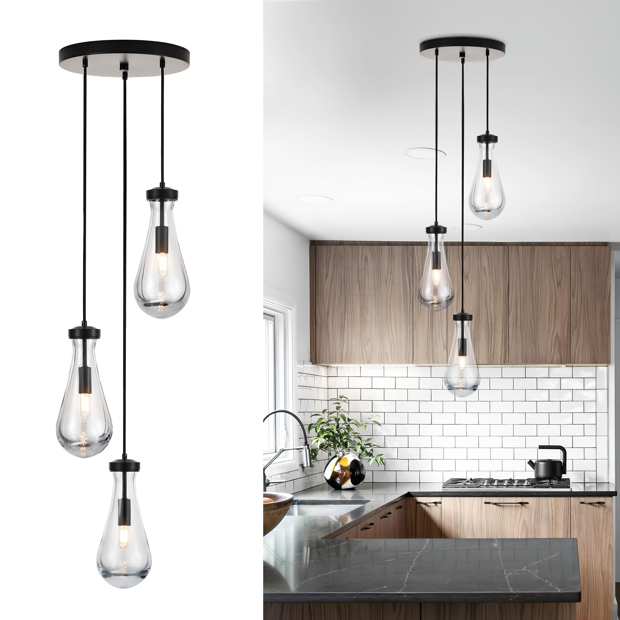 3-Light Raindrop Pendant Light Fixtures, Black Glass Pendant Lighting, Teardrops Modern Hanging Light for Entryway Foyer Kitchen Island Dining Living Room Hallway