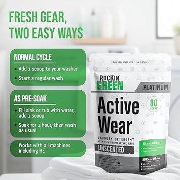 Rockin' Green Active Wear Sport Laundry Detergent Powder Unscented 90 Lds | Plant-based Enzyme Powered Laundry Detergent, Odor Eliminator, For Workout Clothes & Sportswear, Dermatologist Tested