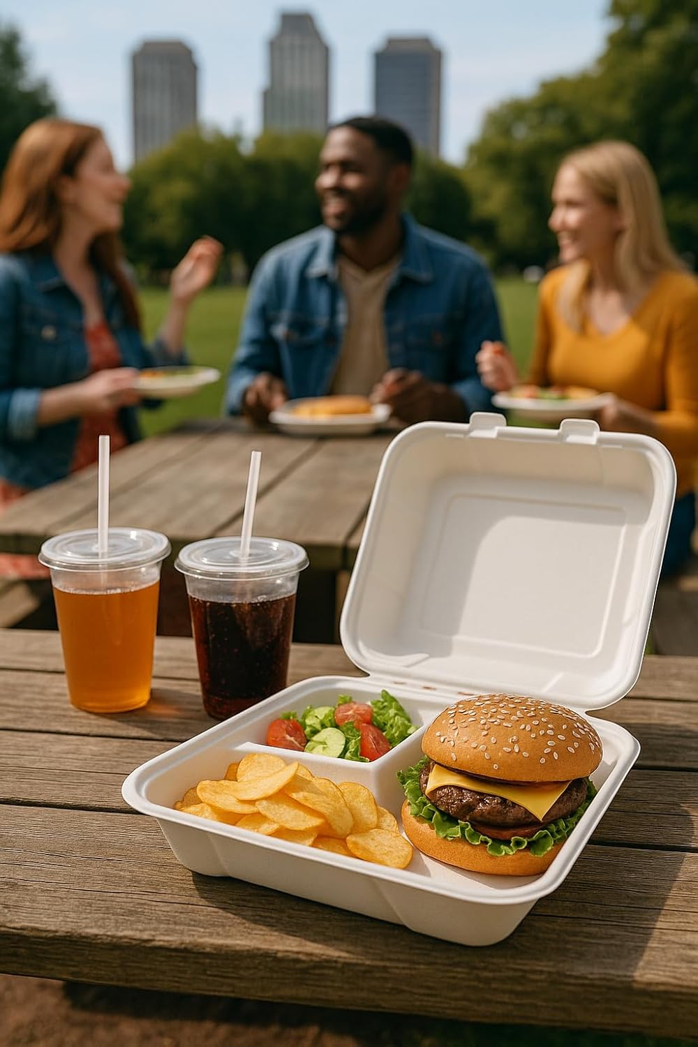 100 Pack Clamshell Take Out Food Containers, 100% Compostable, Biodegradable Disposable To Go Containers, 9X9 inch 3-Compartment Heavy-Duty To Go Boxes