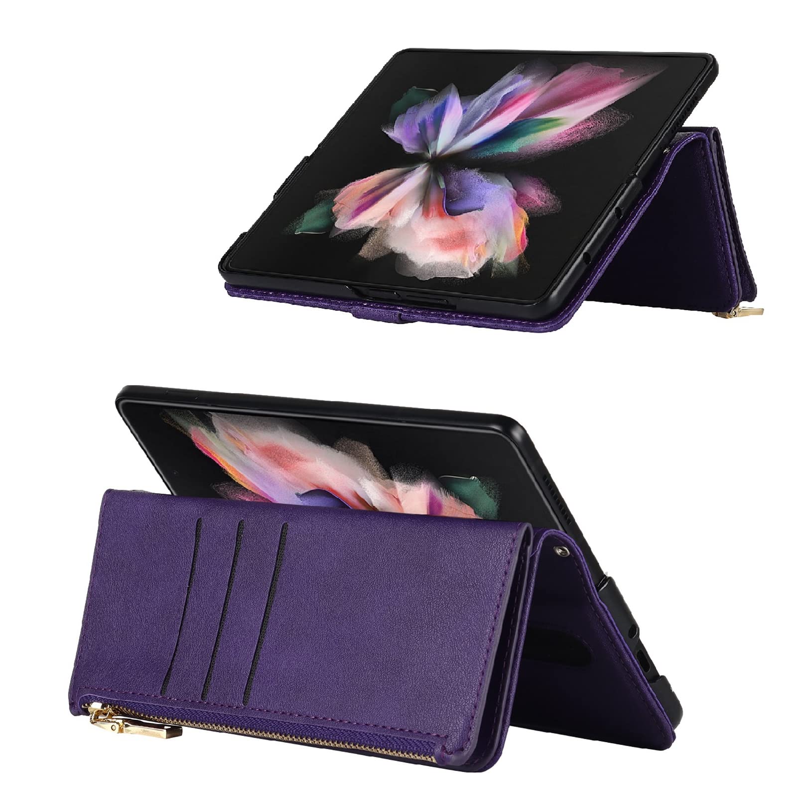 Jaorty Samsung Galaxy Z Fold 3 5G Case Wallet with S Pen Holder for Women,Crossbody Phone Case for Samsung Galaxy Z Fold 3 with Card Holder,Lanyard Strap Zipper PU Leather Case for Z Fold 3,Purple