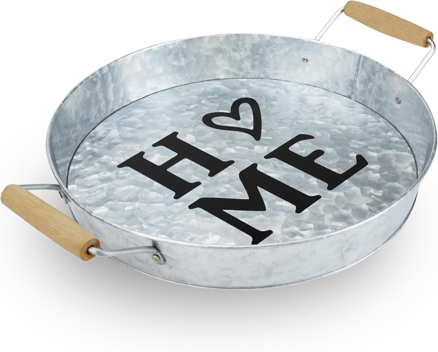 Round Metal Tray with Wooden Handle, Modern Industrial Style, Sleek Rustic Storage Display Coffee Table Home Decor Tray (Welcome)