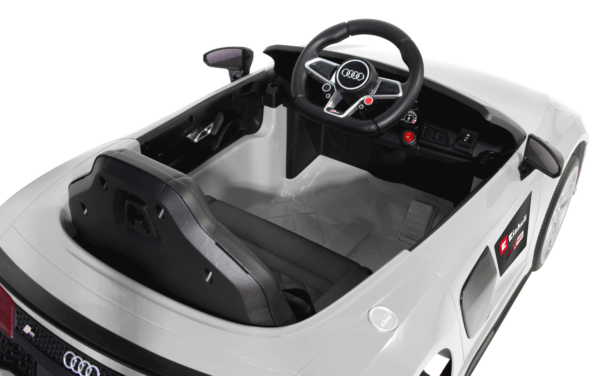 Jamara 460914 -Ride-on Audi R8 Bianco 18V Versione Einhell - Licenza Ufficiale, Suoni, Musica, Luci, 2 Ruote Motrici, Sistema di Batterie con Cambio Rapido