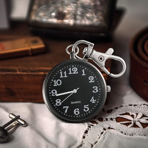 Miniatura 6 de Junkin Reloj de bolsillo de cuarzo de 2 piezas con hebilla de llave redonda llavero clip en reloj portátil unisex
