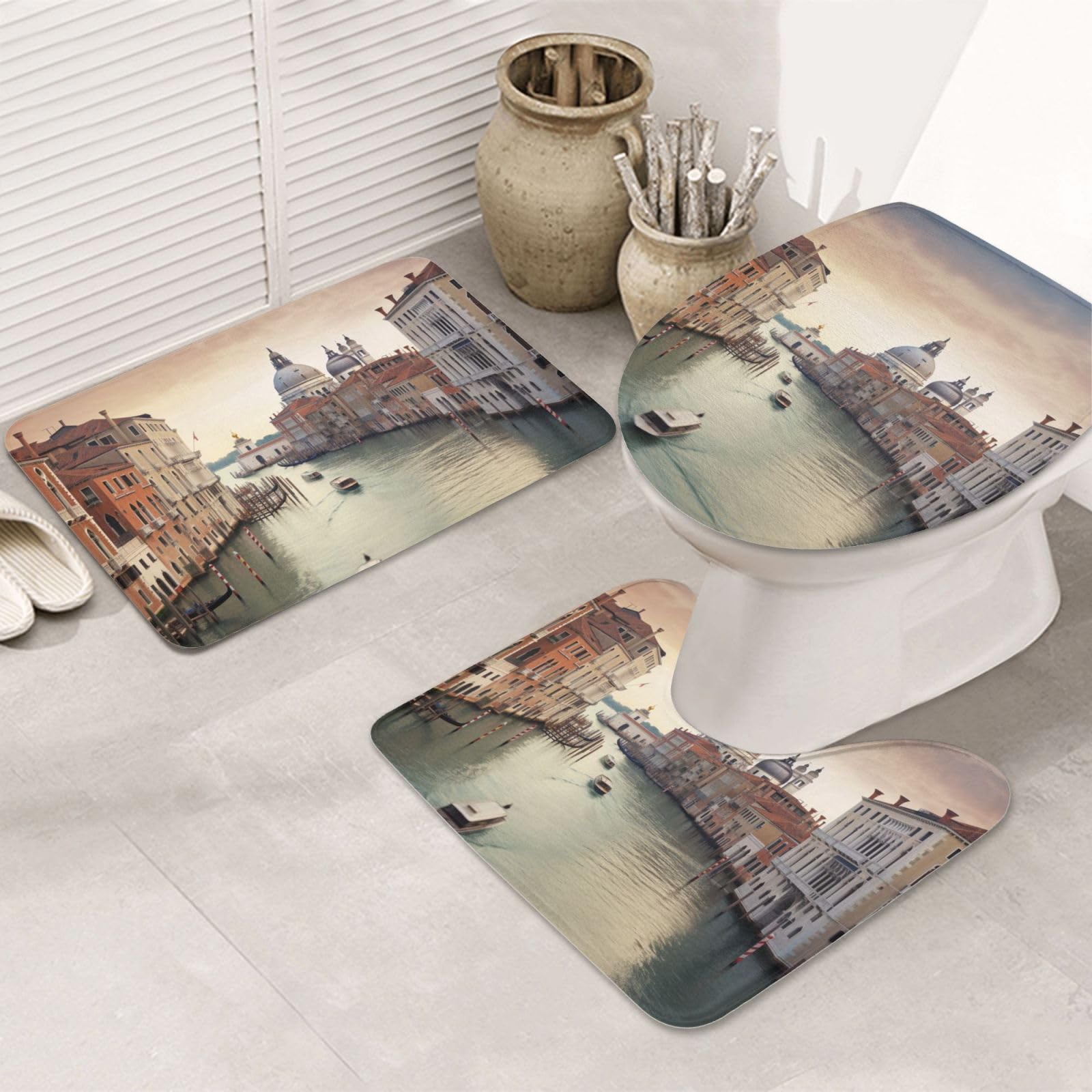 Tapis de bain antidérapants Grand Canal lot de 3 avec contour WC u et couvercle gris