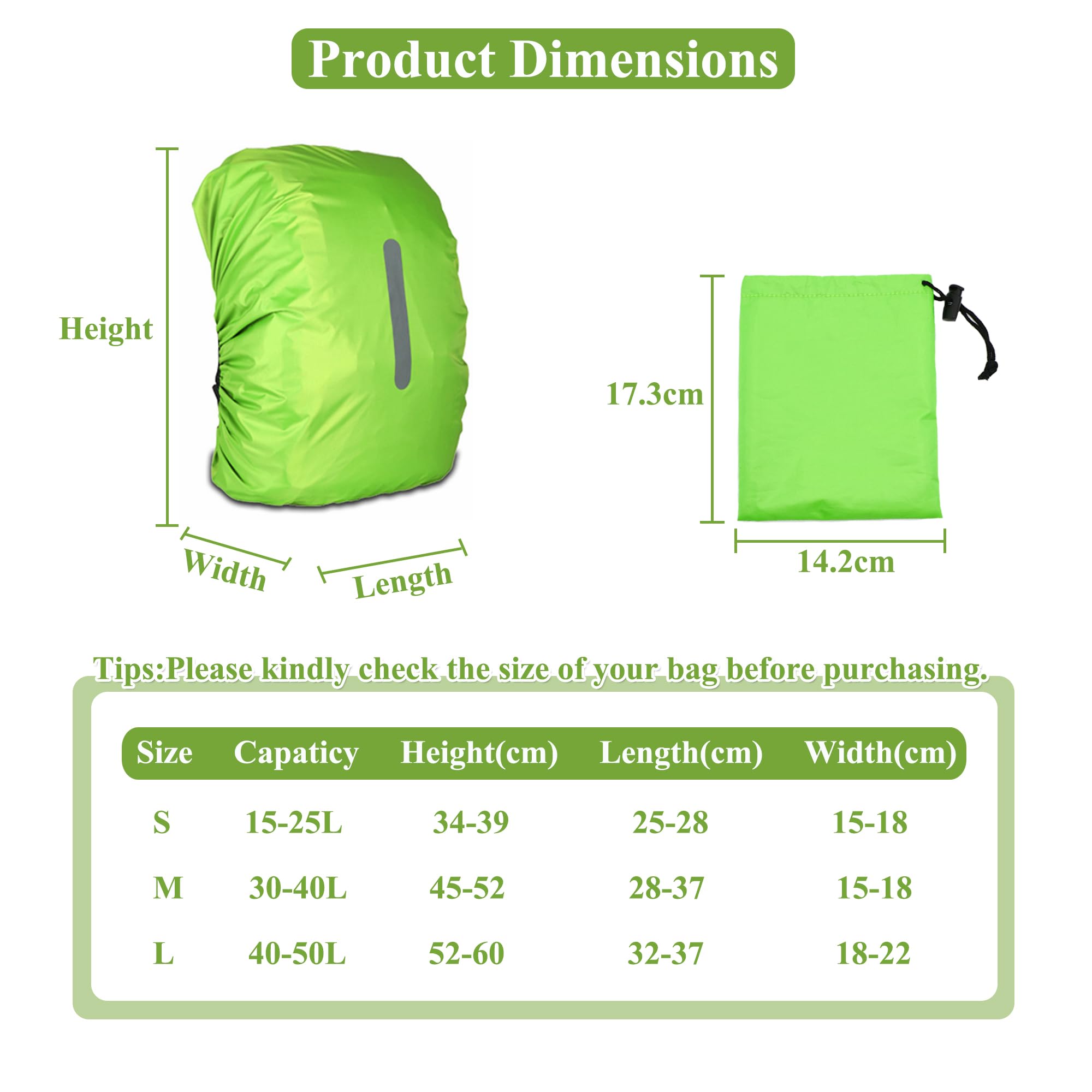 CiciIng Copertura Impermeabile dello Zaino con Riflettente, 40L-50L Copertura di Pioggia dello Zaino con Sacchetto di stoccaggio, per Il Campeggio Escursionistico in Viaggio in Bicicletta (Verde, L)