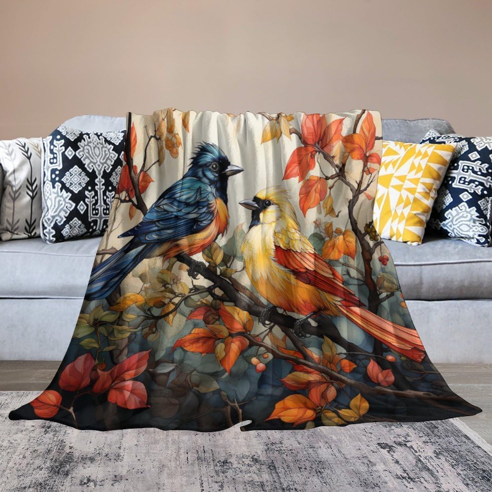 Miniatura 6 de Manta suave y cálida colorida con diseño de grupo de pájaros en un árbol, manta de franela de forro polar con pintura al óleo de pájaros, manta de