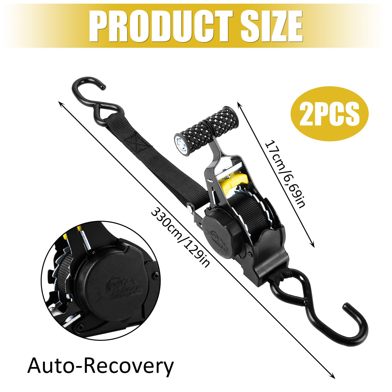 2 cinghie di serraggio automatiche, 2,5 cm x 3,3 m, cinghie di tensione automatiche, 680 kg, resistenza alla rottura, cinghie a cricchetto con maniglie ergonomiche per rimorchi, moto, kayak
