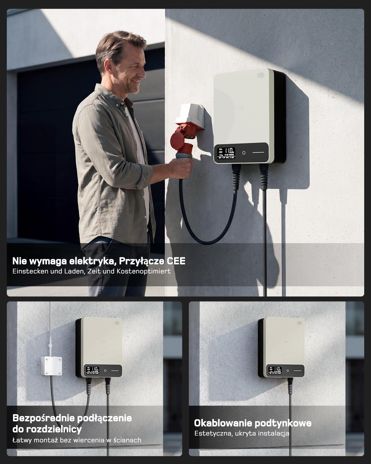 dé Skrzynka ścienna typu 2, 11 kW, z aplikacją i RFID, 6-16 A, 3-fazowa ładowarka EV, 400 V z kablem do ładowania 5 m i uchwytem na kabel do ochrony BEV/PHEV, RCD typu B i IP54, wydajna stacja