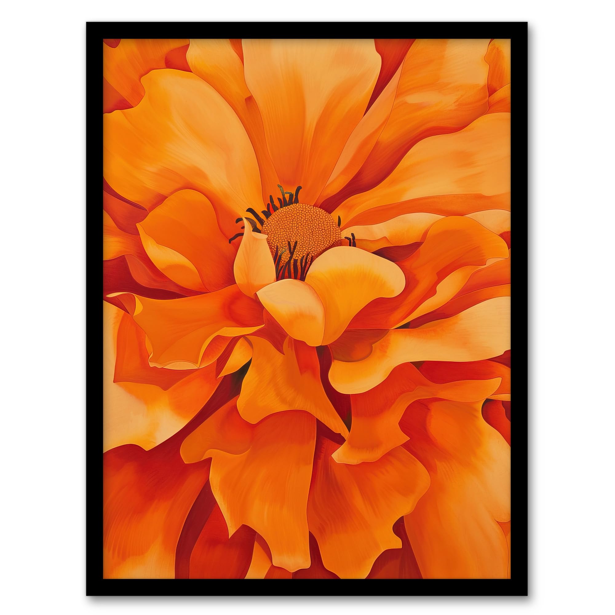Artery8 Orange Marigold Flower Painting Modernist Floral Living Room Artwork Framed Wall Art Print A4