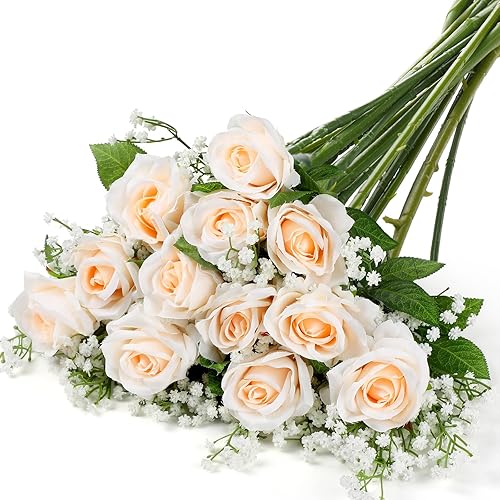 Fumete 24 rosas artificiales, ramo de rosas artificiales, aliento de bebé, flores artificiales para boda, baby shower, jarrón, centro de mesa,