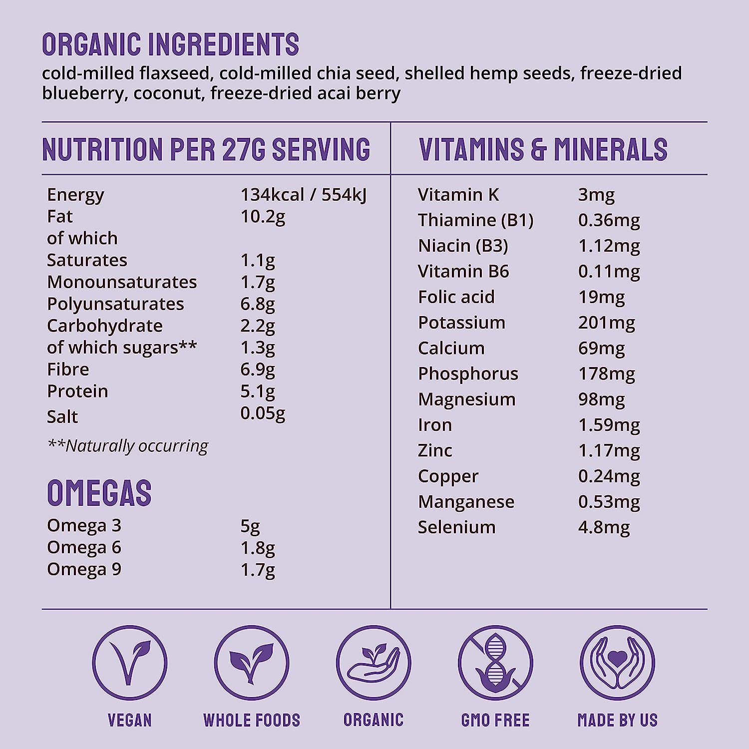 BodyMe Biologico Vegan Omegas Polvere | 810g | Miscela Di Vegan Omega 3 6 9 | Con Semi Di Lino Macinati Semi Di Chia Macinati Semi Di Canapa Mirtillo Cocco Bacche Di Acai