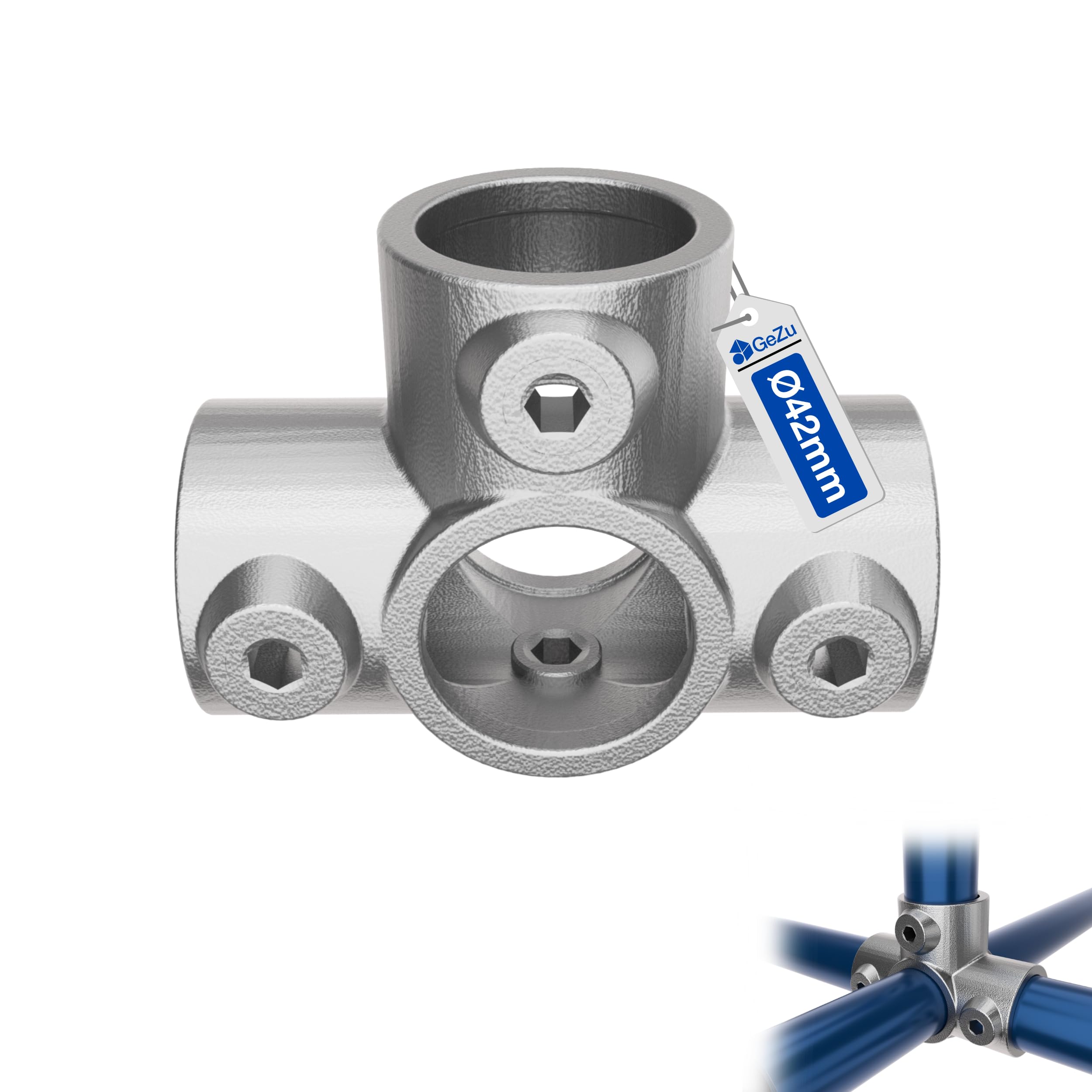 GeZu Impex 3 Way Outlet Tee Ø 42 mm Hot Dip Galvanised Silver Three Socket Cross Side Outlet Tee Clamp Fitting