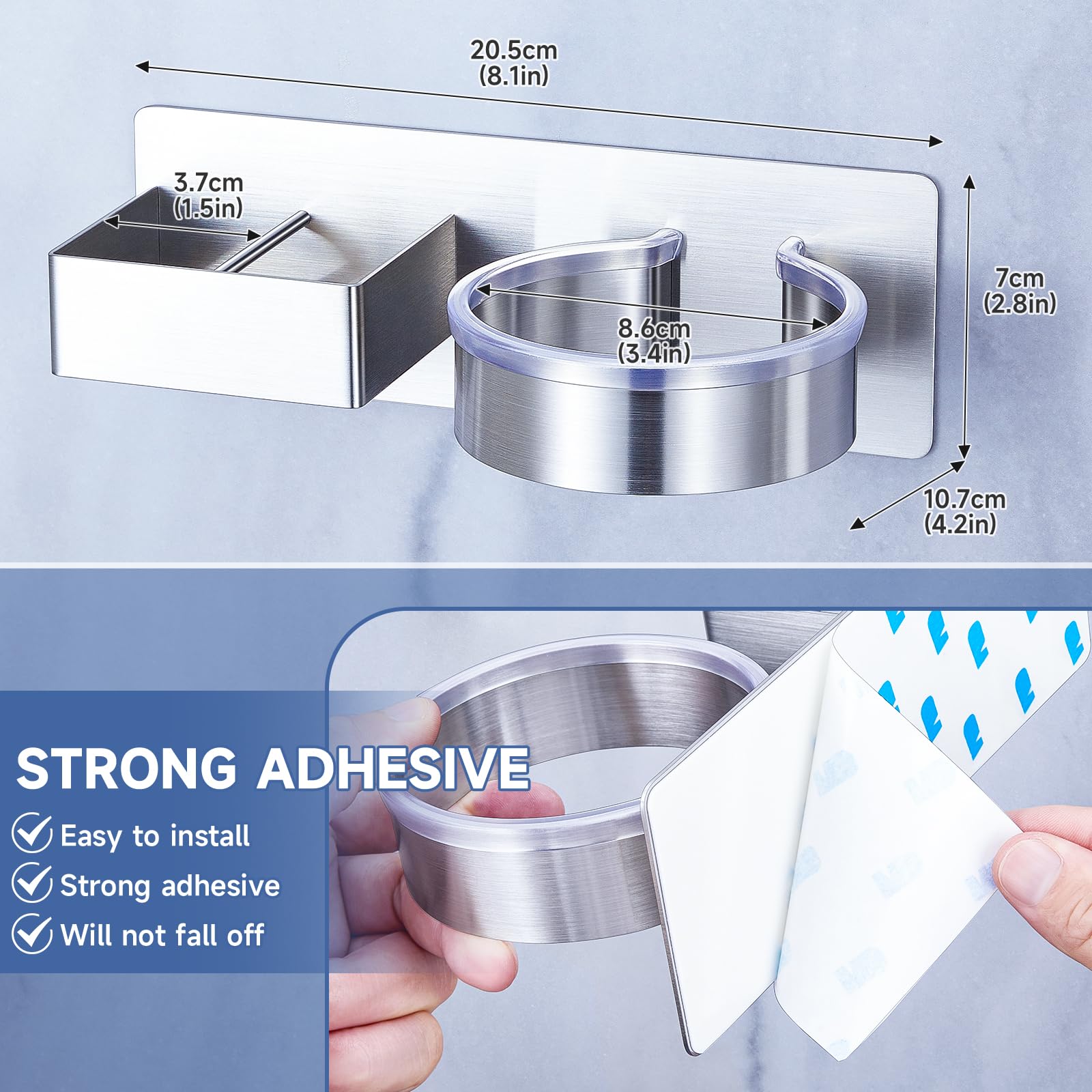 Soporte para secador de pelo montado en la pared, organizador de herramientas de pelo para baño, soporte adhesivo para secador de pelo, soporte para secador de pelo de acero inoxidable