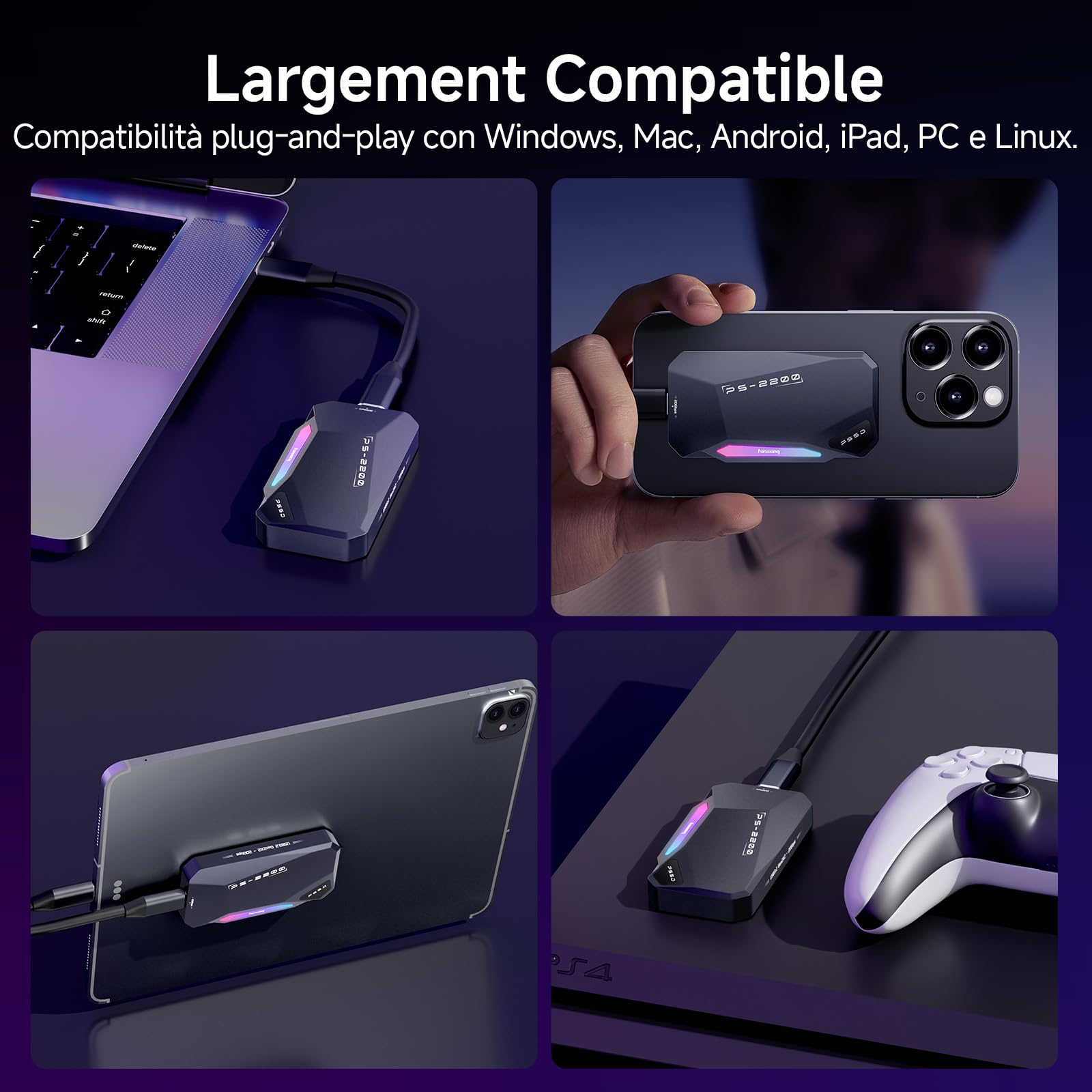 fanxiang 2To SSD Externe Magnétique, Jusqu'à 2050Mo/s, USB 3.2 Gen2 USB-C, SSD Portable avec RGB LEDs, 4K ProRes HDR, Disque Dur Mémoire Externe pour iPhone15/16, Android/PC/Mac-PS2200
