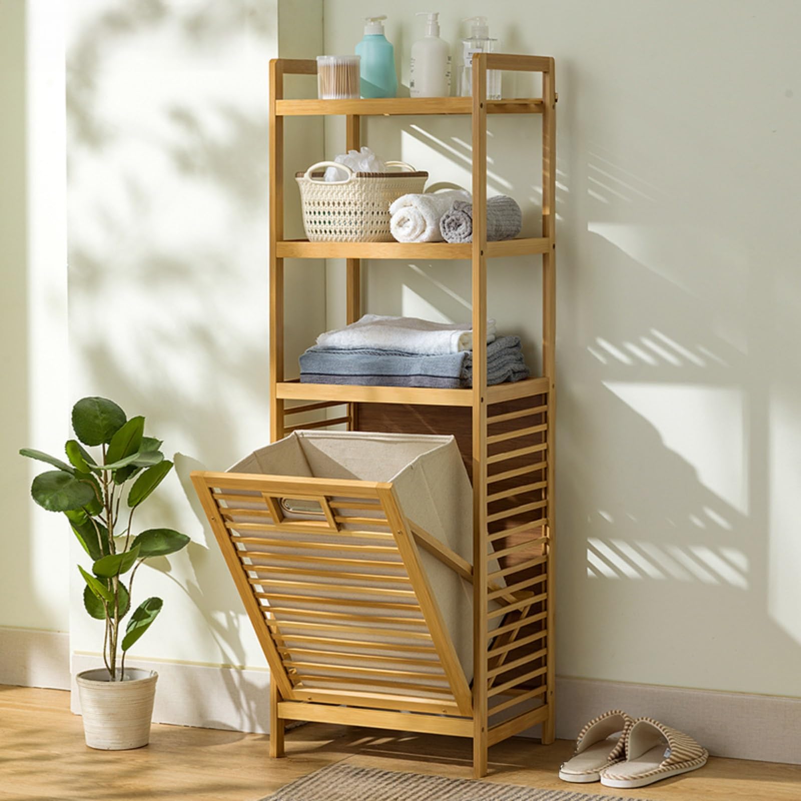 ERSINIAN Panier à linge en bambou avec sac amovible et étagère de rangement, montage facile, idéal pour salles de bain, chambres, résidences étudiantes et buanderies.