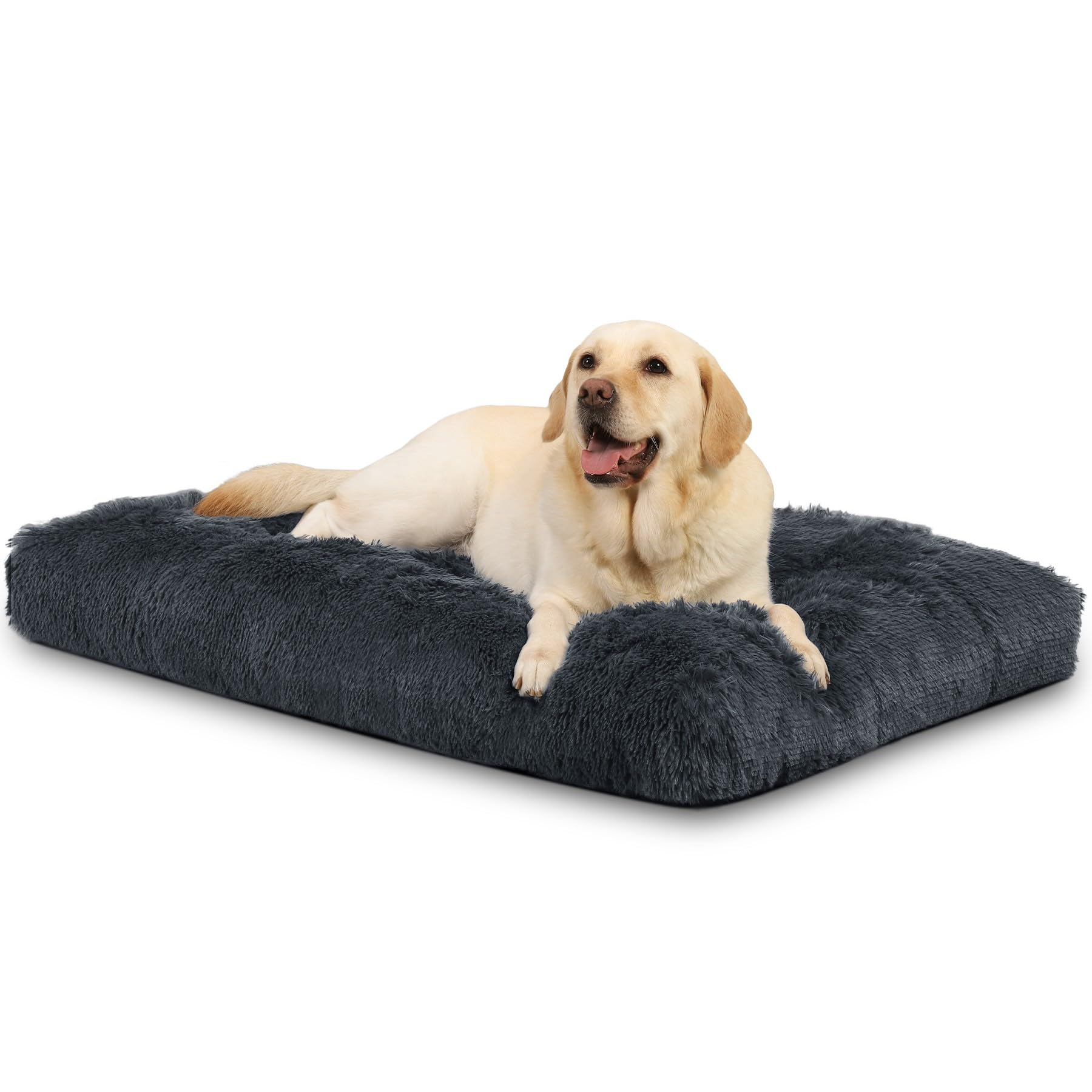 KSIIA Extra Large Calming Dog Crate Bed, XXL Fluffy Washable Mattress, Long Plush Anti Anxiety Mat, Non Skid Bottom Dog Pillow Cushion, Pet Beds Shadow Grey 122x74cm