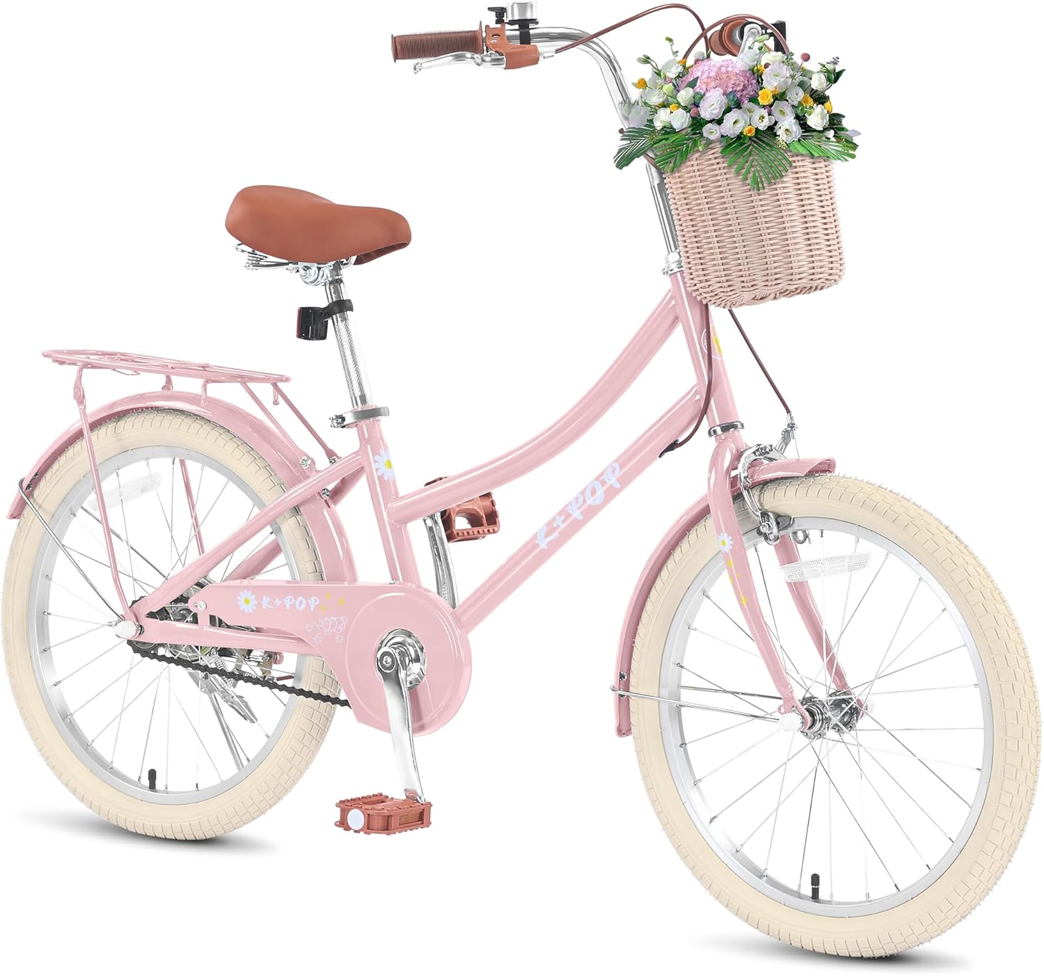Girls Bike with Basket for 5-13 Years, 20 Inch Kids Bicycle with Bell- Princess Girls Kids Bike,Single Speed Girls Bikes with Carbon Steel Frame and Adjustable Seat Height