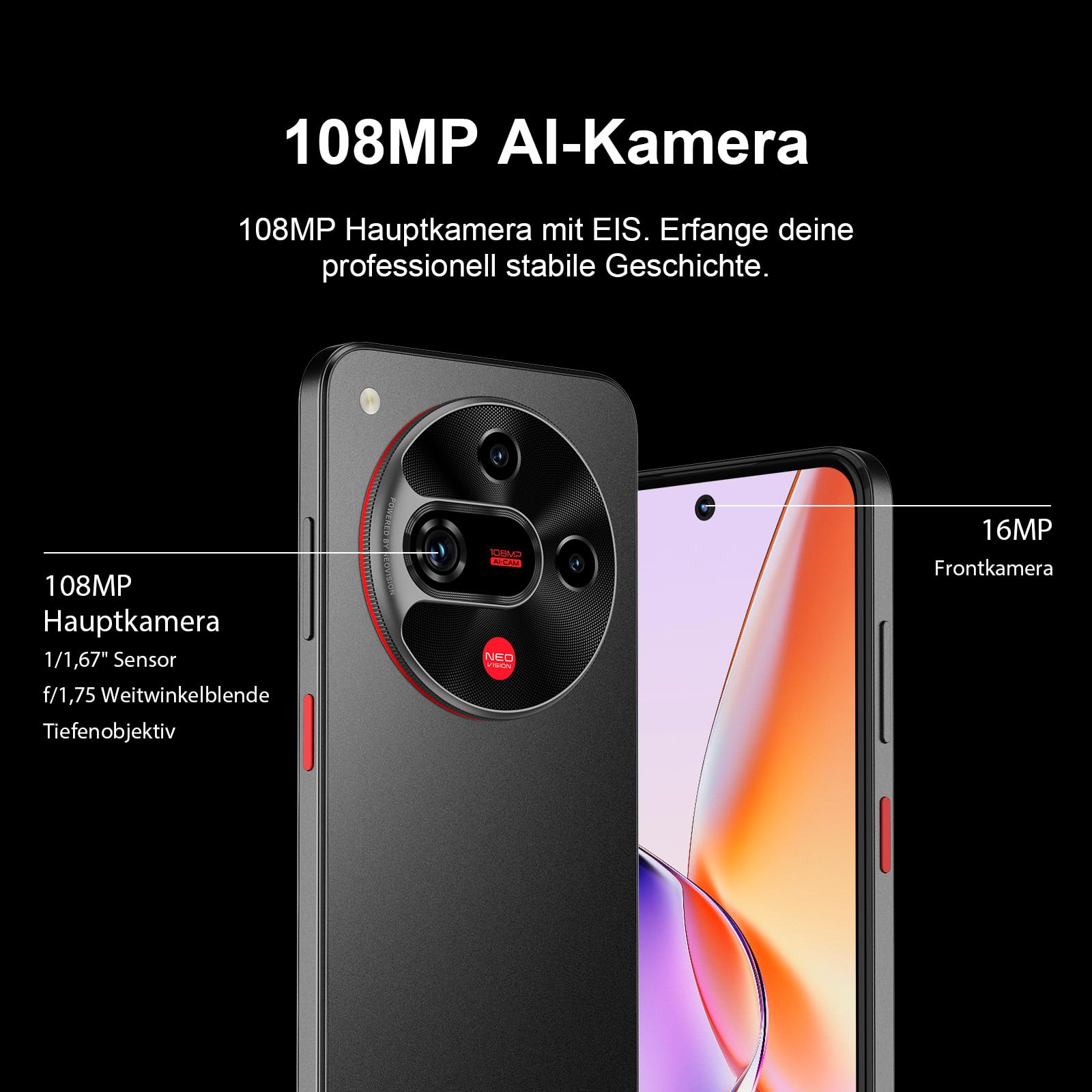 ZTE Nubia Focus 2 5G, Smartphone Libre con IA, 8GB+256GB, Pantalla 6,7" HD+ 120Hz, Cámara 108MP, Batería 5000mAh, Carga Rápida 18W, Android 15, Incluye Funda y Protector, Negro