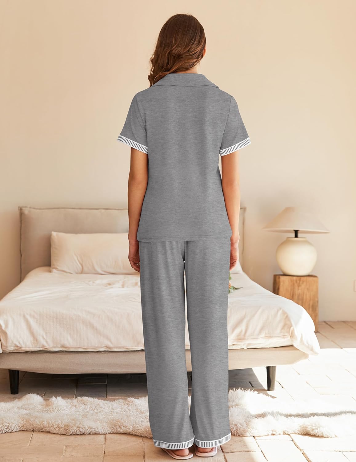 Ekouaer Womens Pajama Sets Short Sleeve Button Up Pjs, Chic Contrast Trim, Long Pants with Pockets,Soft Loungewear Set S-XXL - Image 8