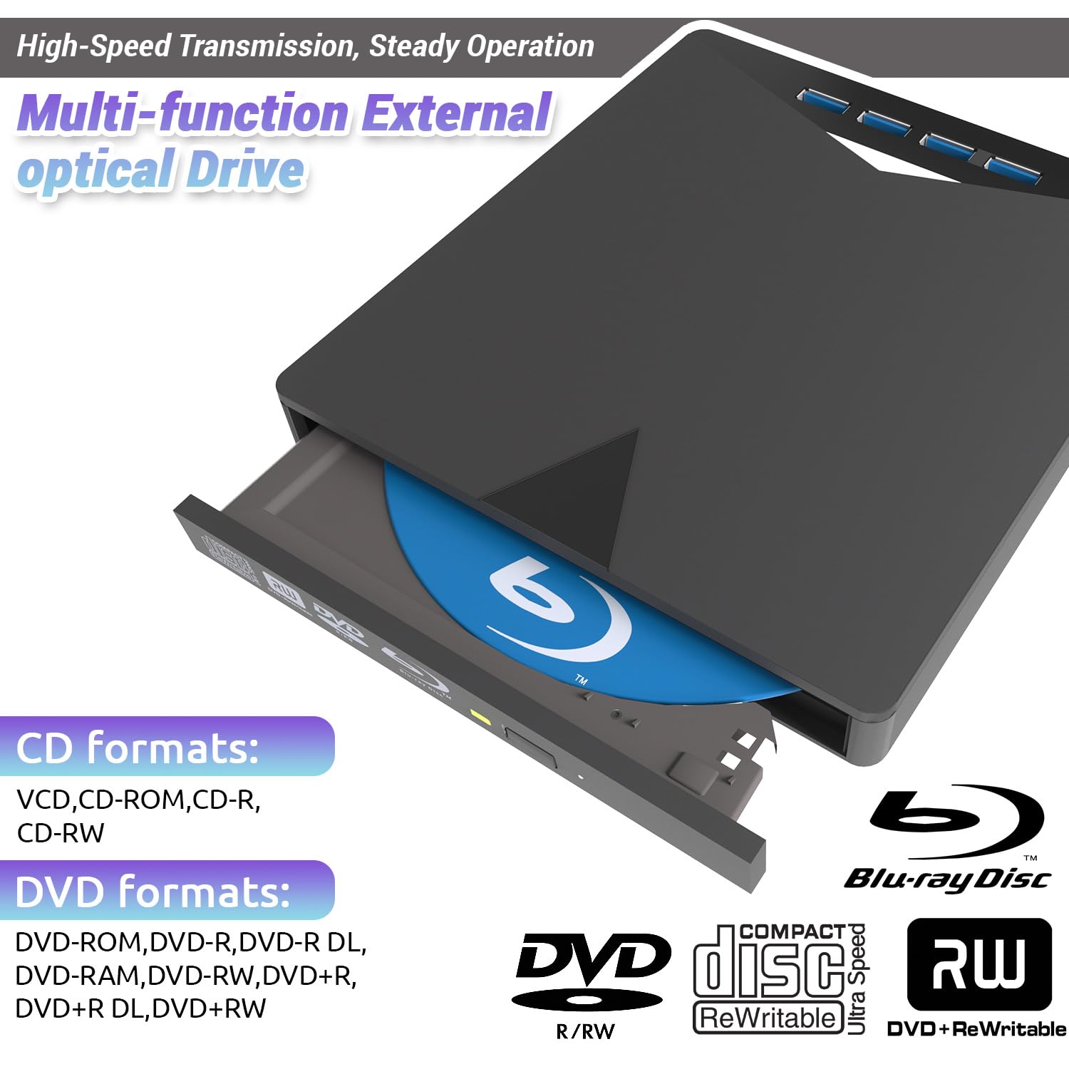 7 en 1 Lecteur Blu-Ray Externe, 3D CD DVD Graveur Optical Bluray Drive USB 3.0 Type-C Lecteur blu Ray 4k,Portable Externe Lecteur Blu Ray Externe, pour PC Windows 11 10 8 7