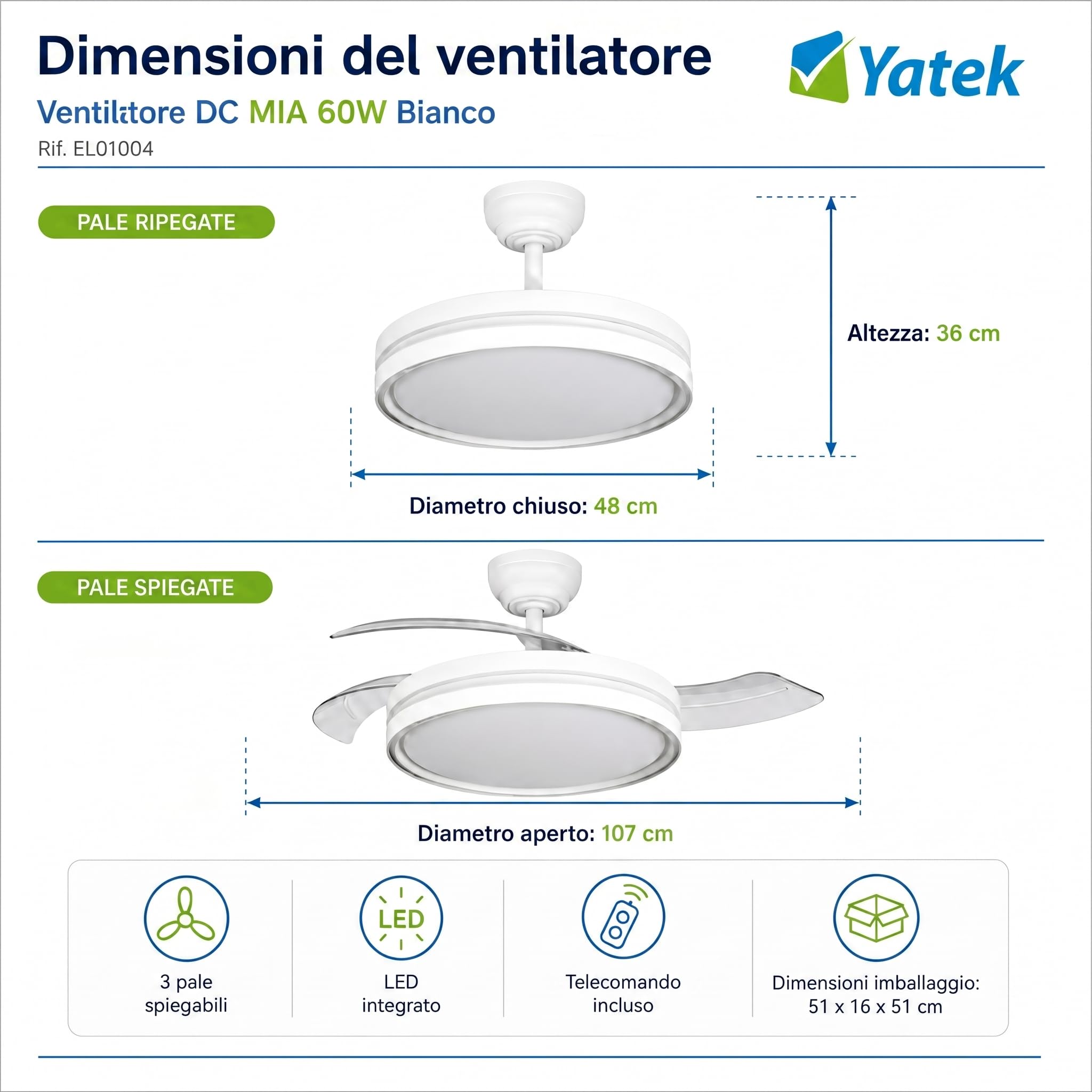 YATEK Mia - Ventilatore da soffitto con luce LED 60W, pale estraibili, motore DC ultra silenzioso, Ø 107 cm, telecomando, 3 colori di luce regolabili, funzione estate/inverno, ventilatore da soffitto