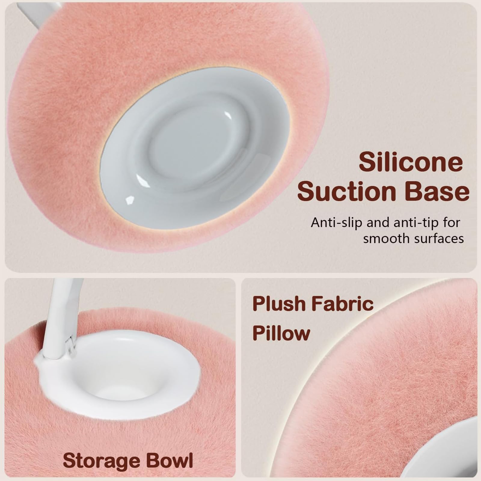 Soporte de teléfono ergonómico giratorio con base de cojín suave, brazo ajustable a 80° y antideslizante para dispositivos de 2 a 12 pulgadas, cama ajustable para teléfono