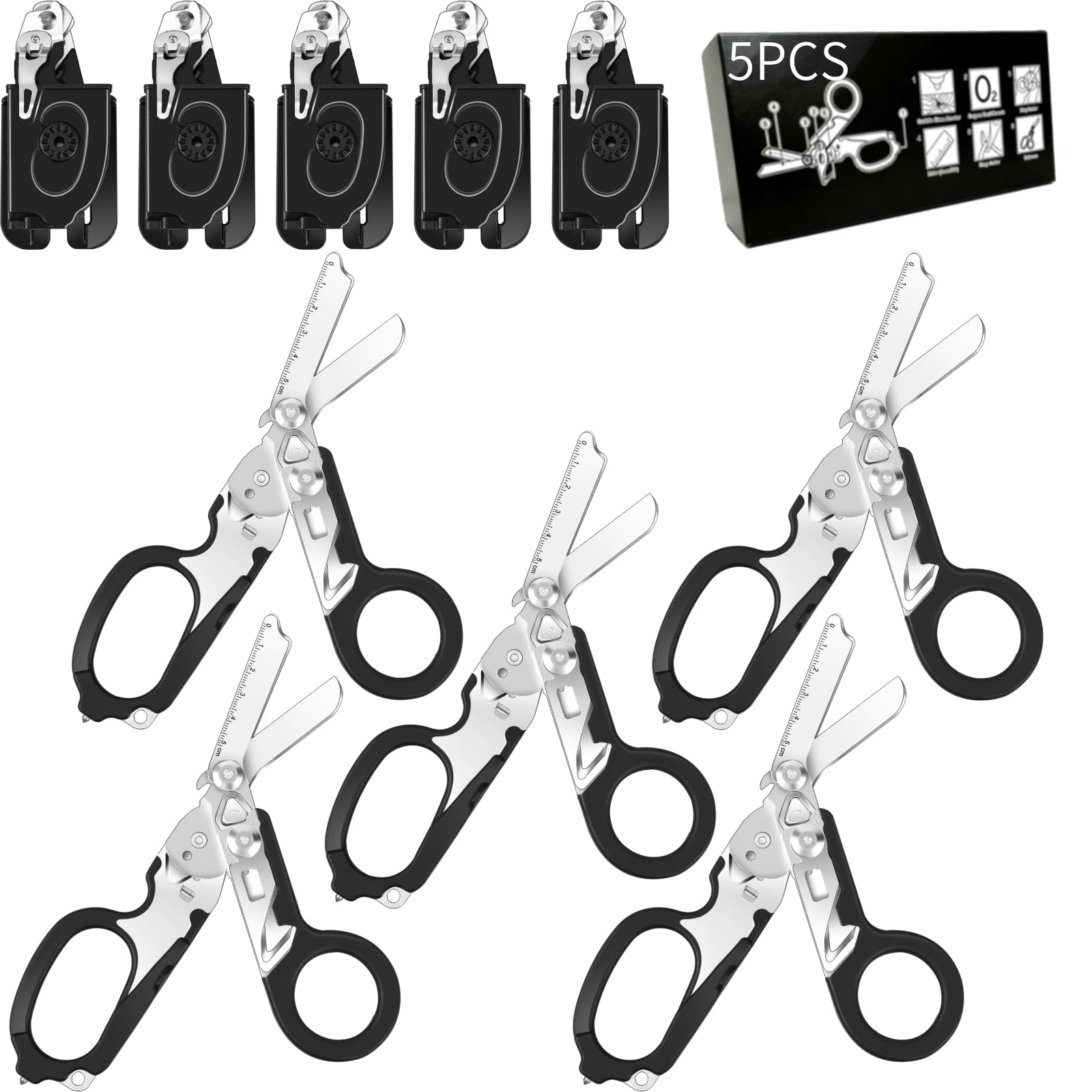 Dekeliy 5PCS 6 in 1 Multi-function Foldable Trauma Shears with Compatible Holster, Emergency Response Scissors Outdoor Camping Emergency Tools With