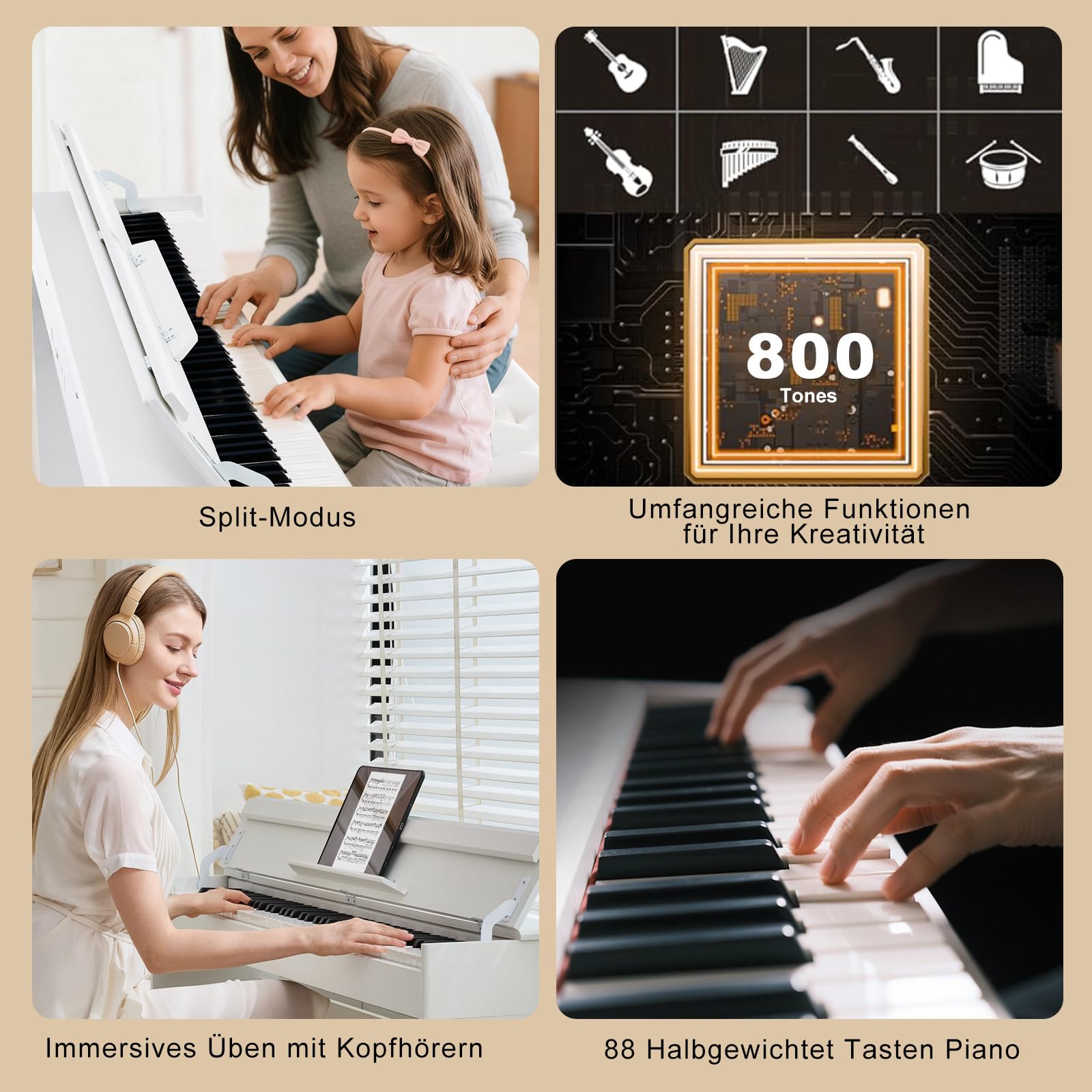Piano digital MUSTAR de 88 teclas, teclado con tacto semi-ponderado con USB/MIDI y Bluetooth, cubierta semi-abierta, piano electrónico con unidad de 3 pedales, altavoces estéreo, 800 tonos y 64