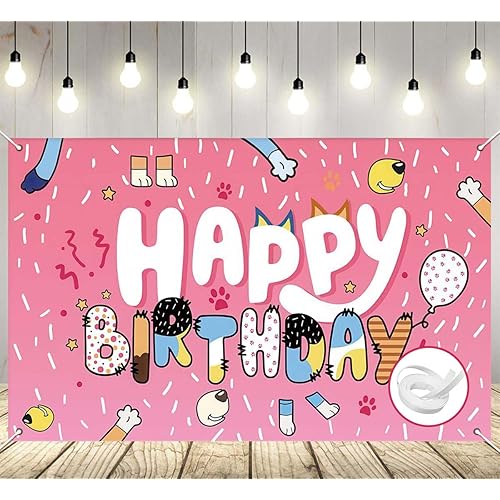 5 * 3ft Blue Dog Birthday Backdrop, Birthday Party Decoration Background, Pink Cute Cartoon Theme Photo Banner for Girl, Woman, Kid, Adult