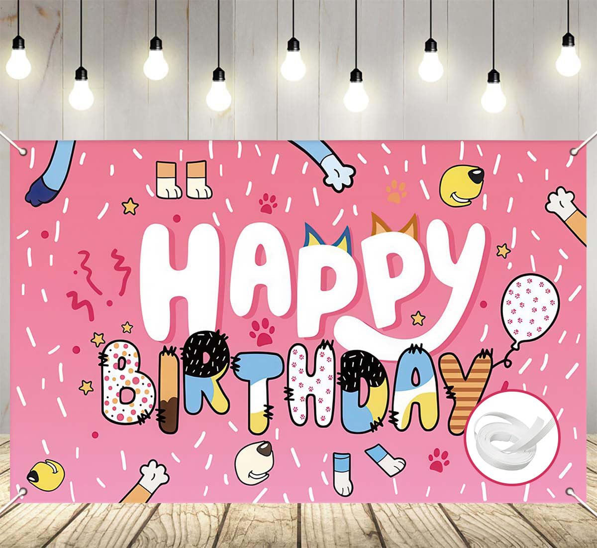 BOBORAT 5 * 3ft Blue Dog Birthday Backdrop, Birthday Party Decoration Background, Pink Cute Cartoon Theme Photo Banner for Girl, Woman, Kid, Adult (