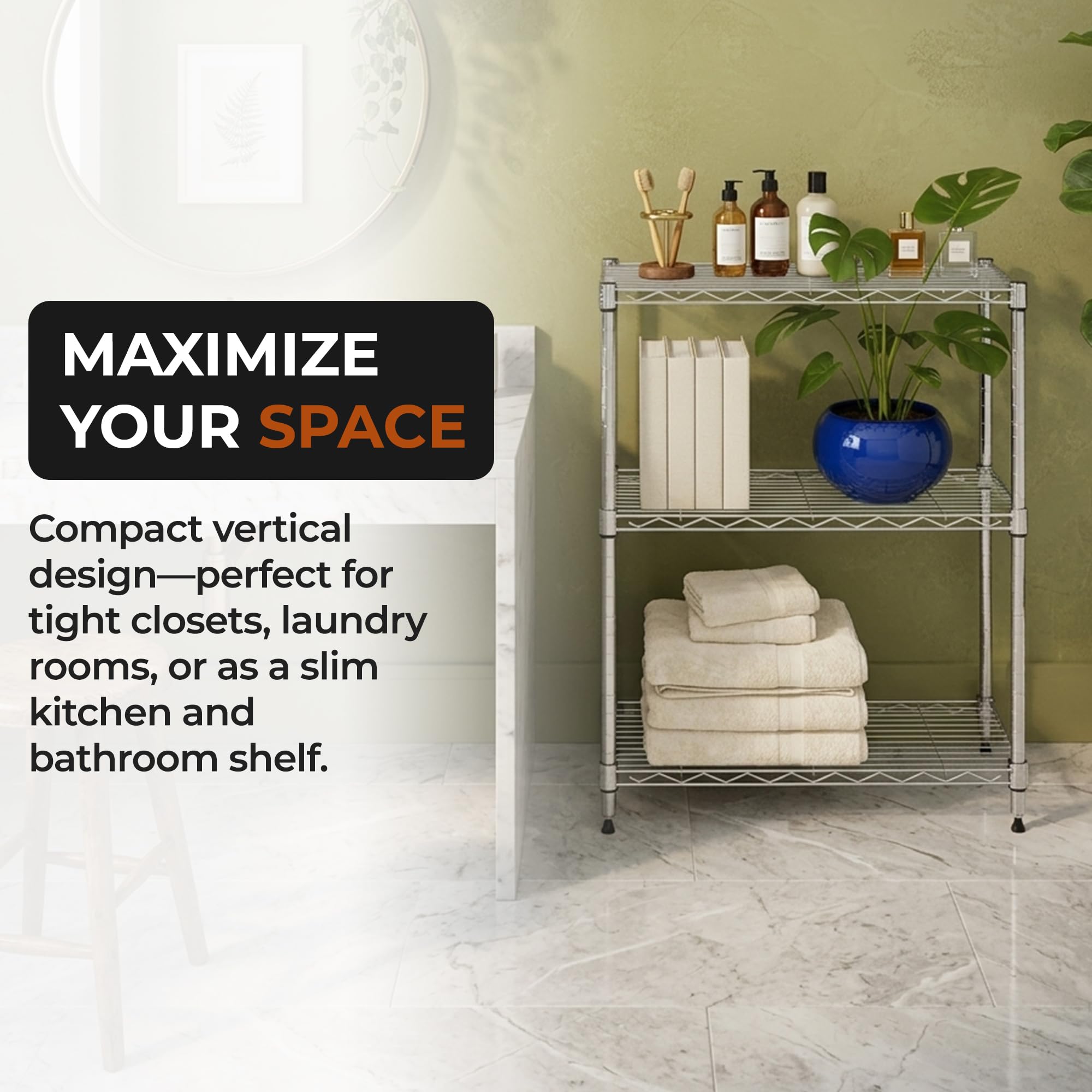 3-Tier Metal Wire Shelf, 250 lb/Shelf, Chrome, 13.5x23.3x30.1 in — Amazon image 6