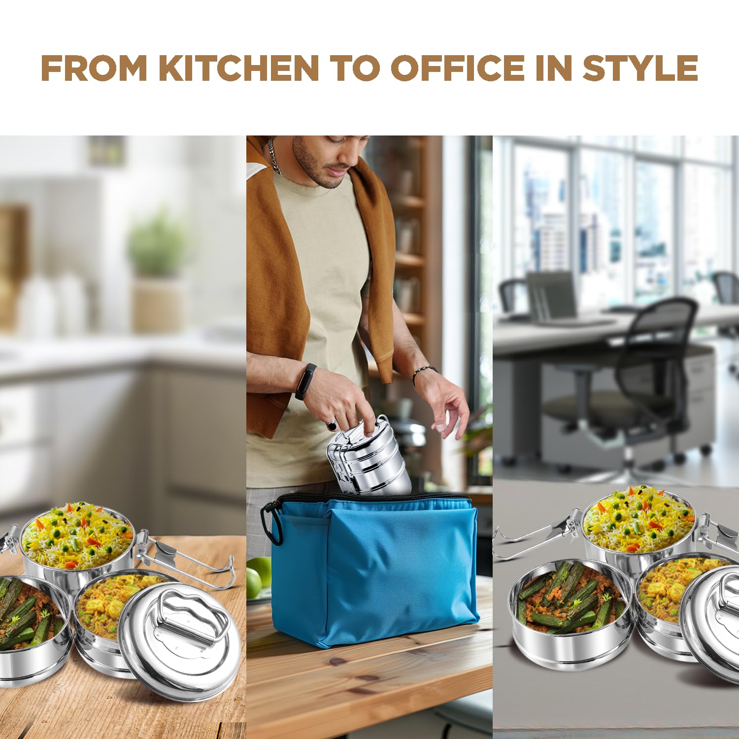Kraft - Fiambrera de acero inoxidable con 3 compartimentos y asa, 2440 ml, con tapa, a prueba de fugas, para oficina, escuela, contenedor de alimentos, ideal para hombres y mujeres, color plateado